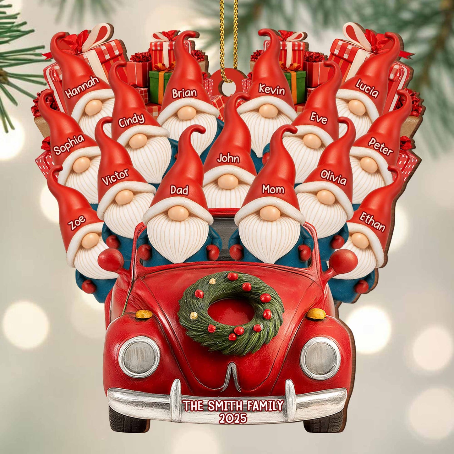 Family Christmas Ornaments With Santa Hats And Red Car