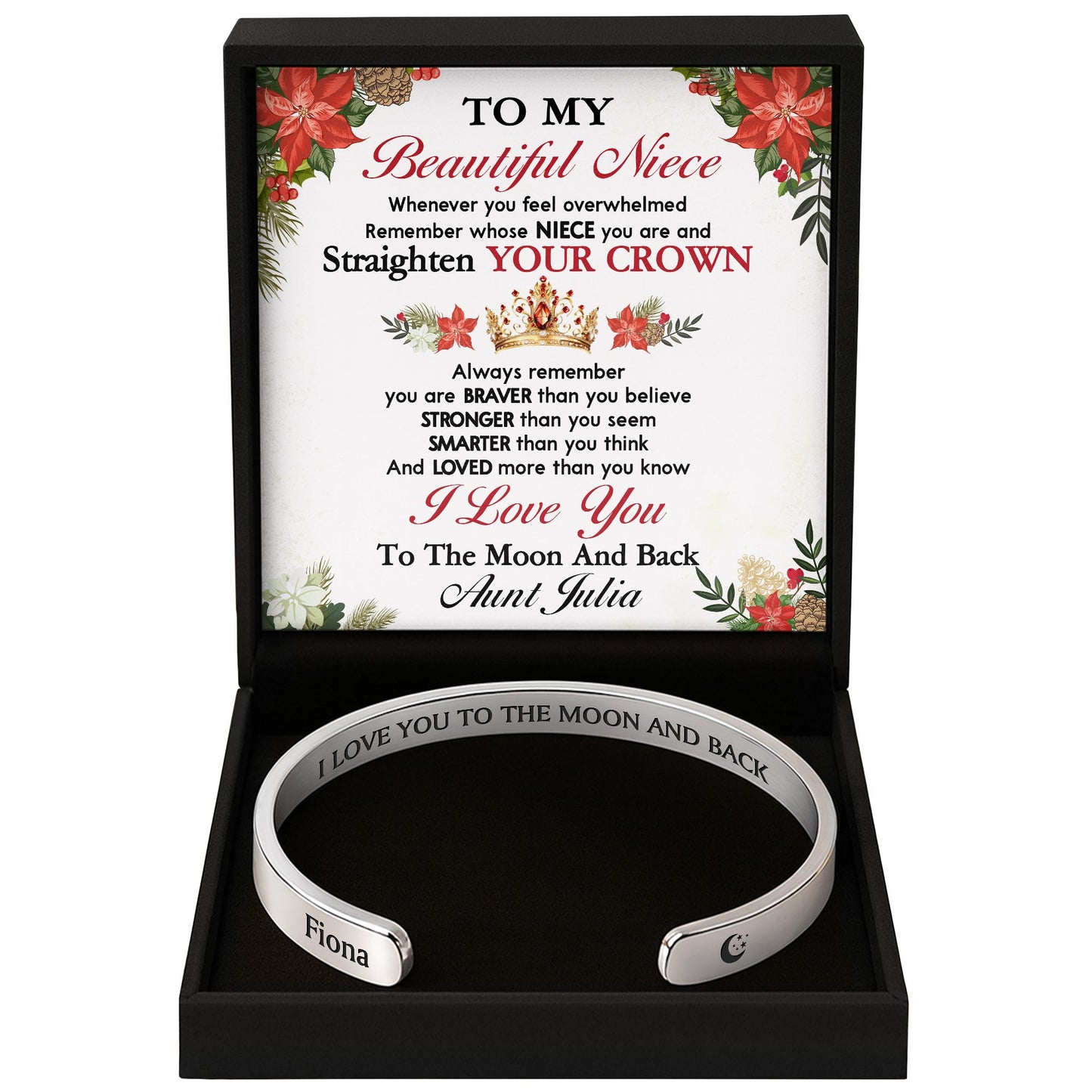 I Love You To The Moon And Back With Moon And Floral Elements - Personalized Bracelet Cuff With Custom Message Card - FAM760_CUFB