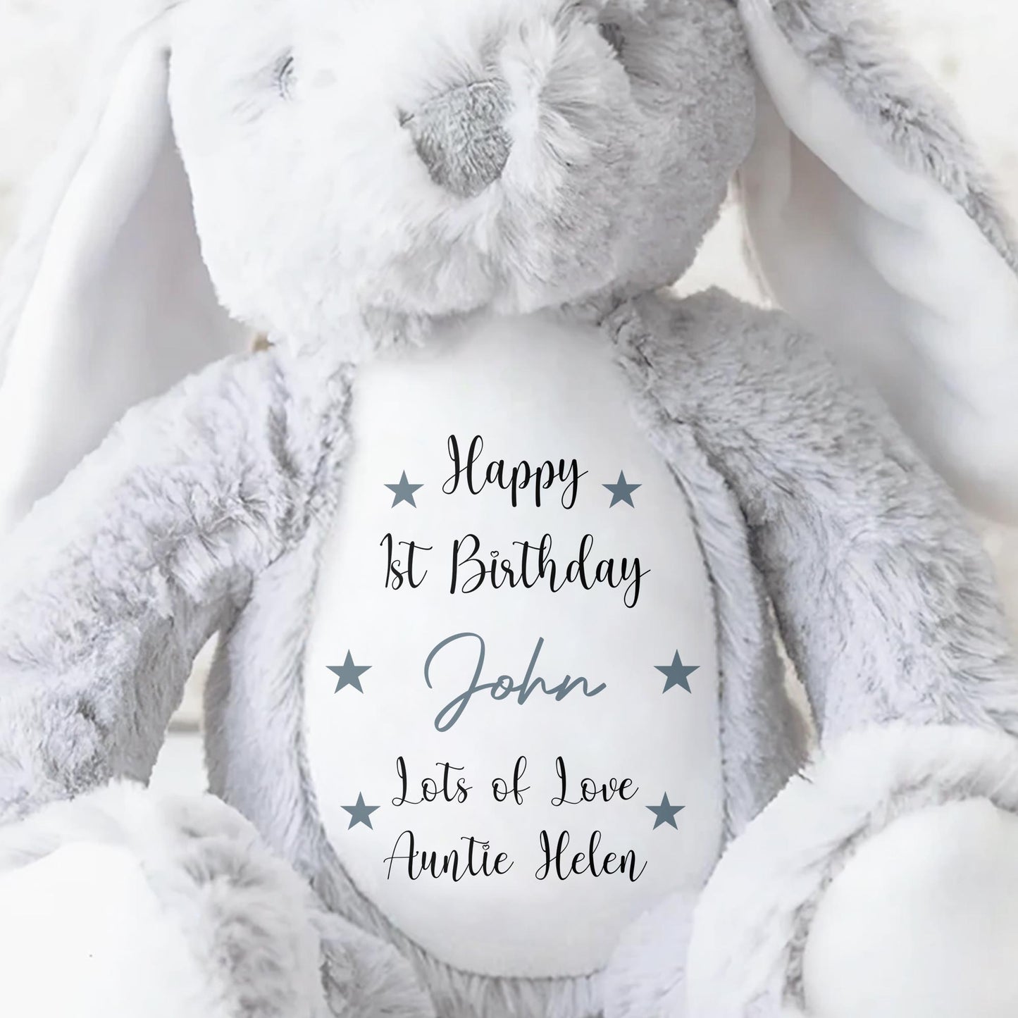 Happy 1st Birthday, Lots Of Love, Stuffed Bunny With Stars