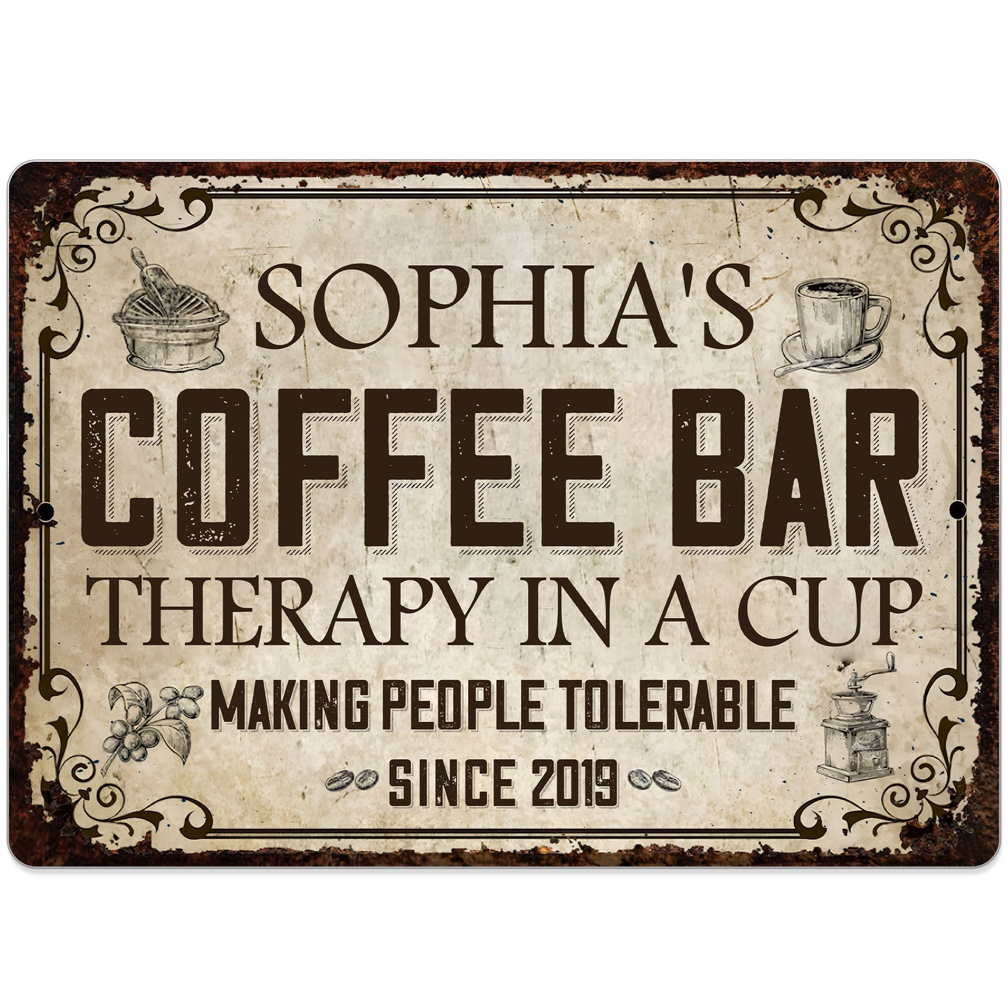 Coffee Bar Therapy In A Cup Making People Tolerable Vintage Grinder - Personalized Metal Sign - FAM861_MSIGN
