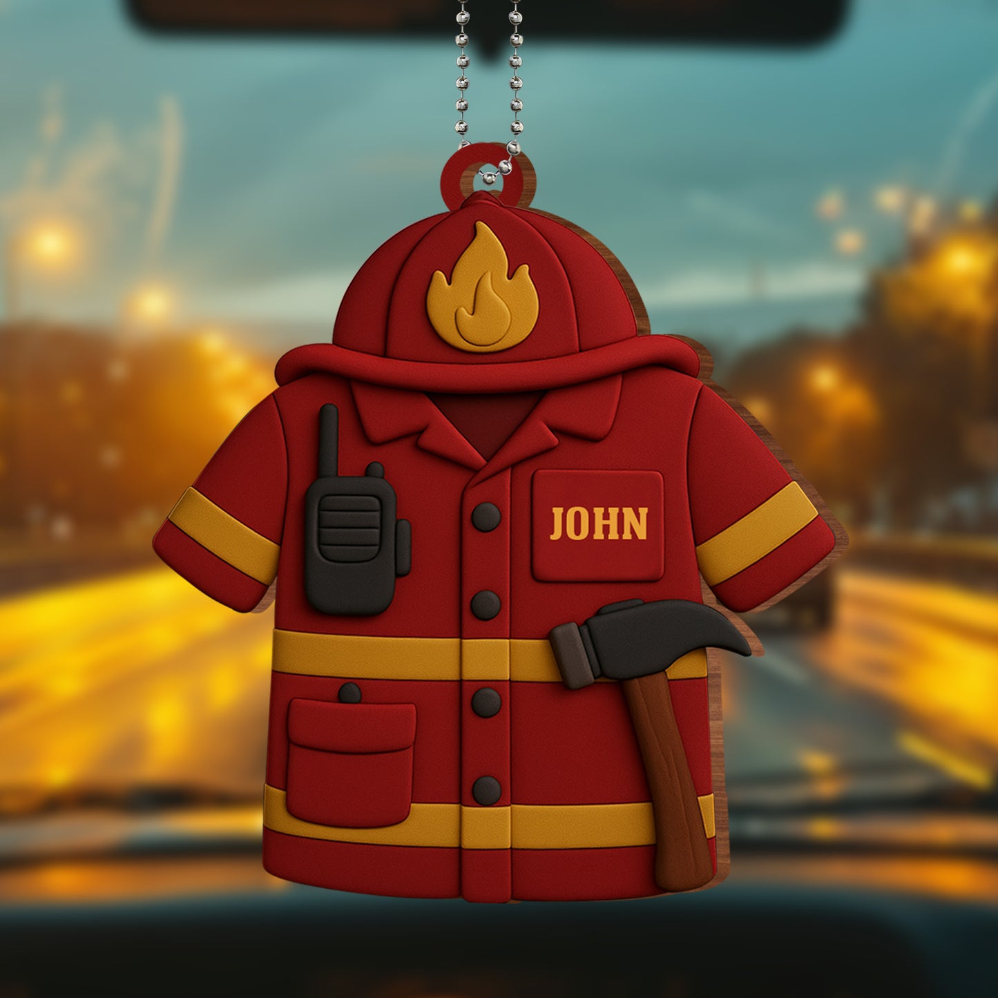 Firefighter Jacket Ornament With Radio And Fire Axe