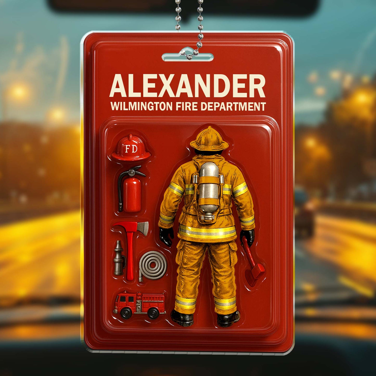 Custom Firefighter Themed Acrylic Ornament With Fire Department Equipment