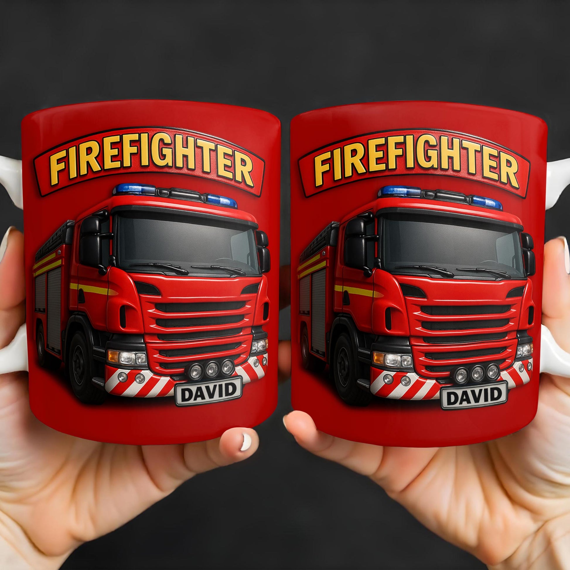 Firefighter Red Coffee Mug Featuring Personalized Fire Truck Design