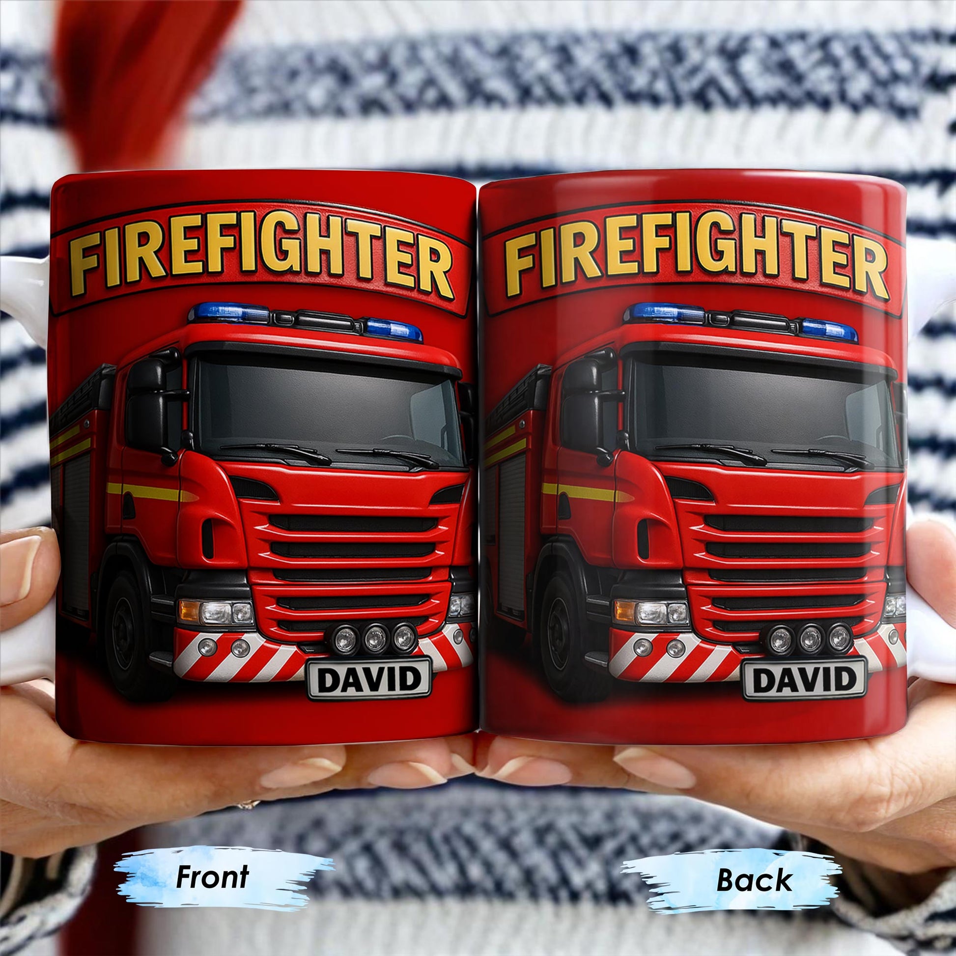Firefighter Red Coffee Mug Featuring Personalized Fire Truck Design