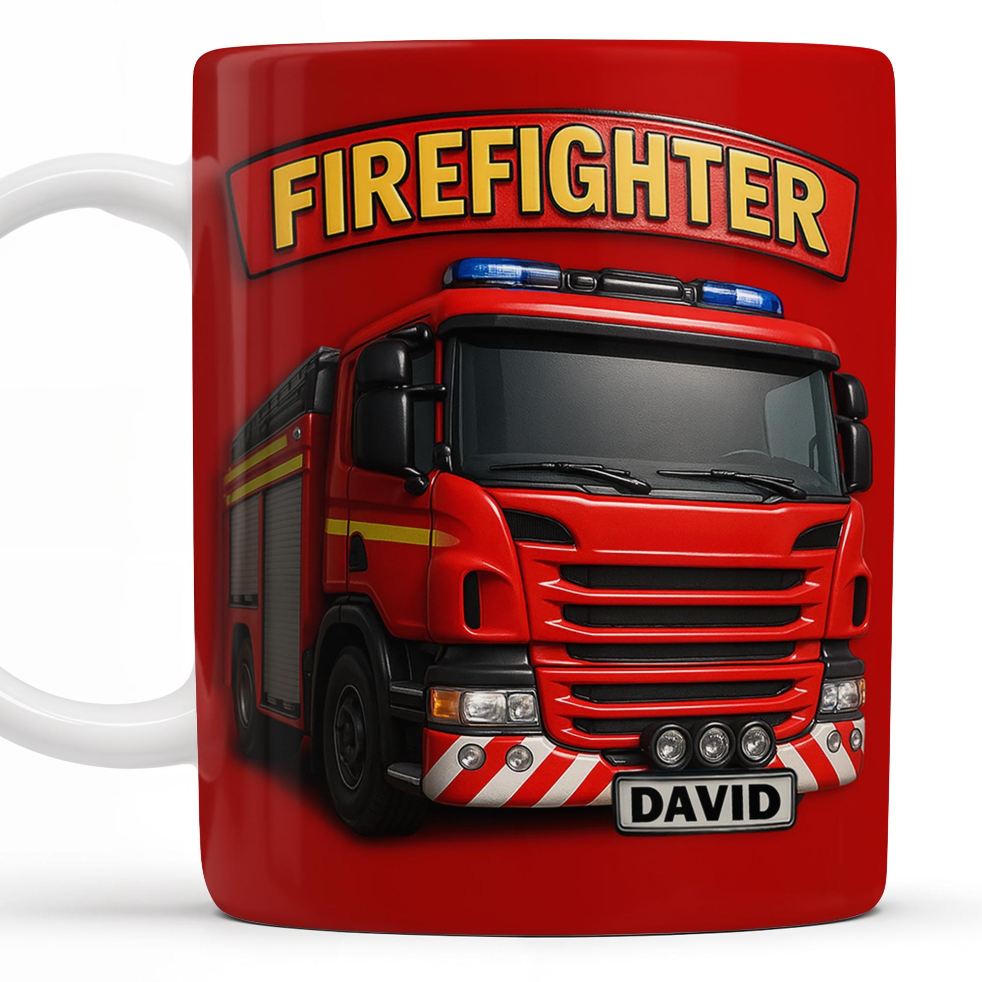 Firefighter Red Coffee Mug Featuring Personalized Fire Truck Design