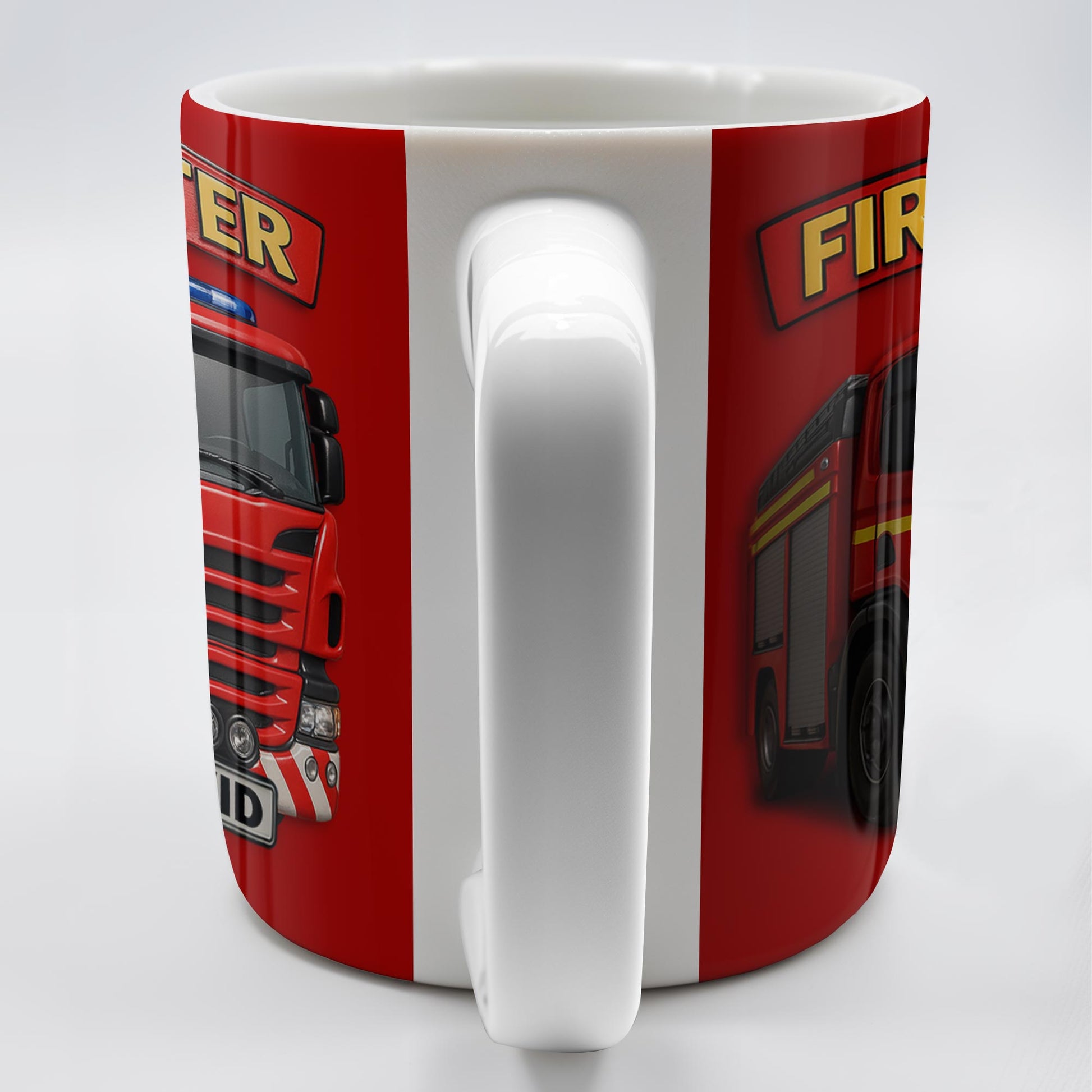Firefighter Red Coffee Mug Featuring Personalized Fire Truck Design