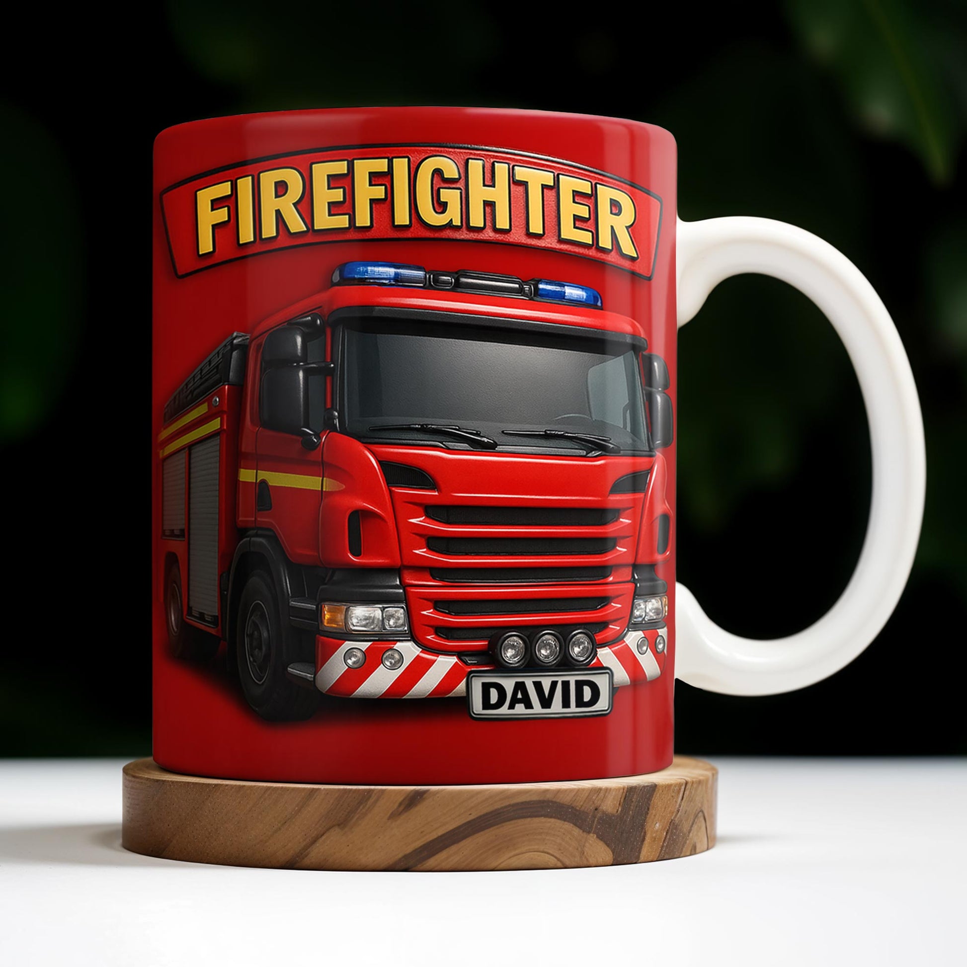 Firefighter Red Coffee Mug Featuring Personalized Fire Truck Design