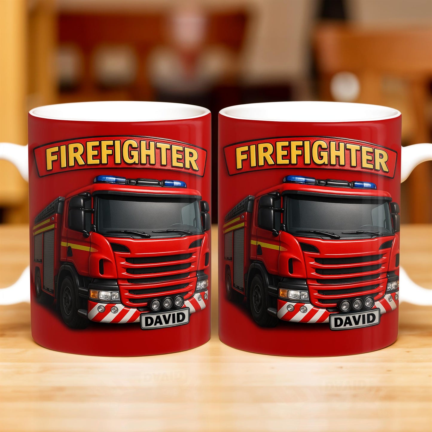 Firefighter Red Coffee Mug Featuring Personalized Fire Truck Design