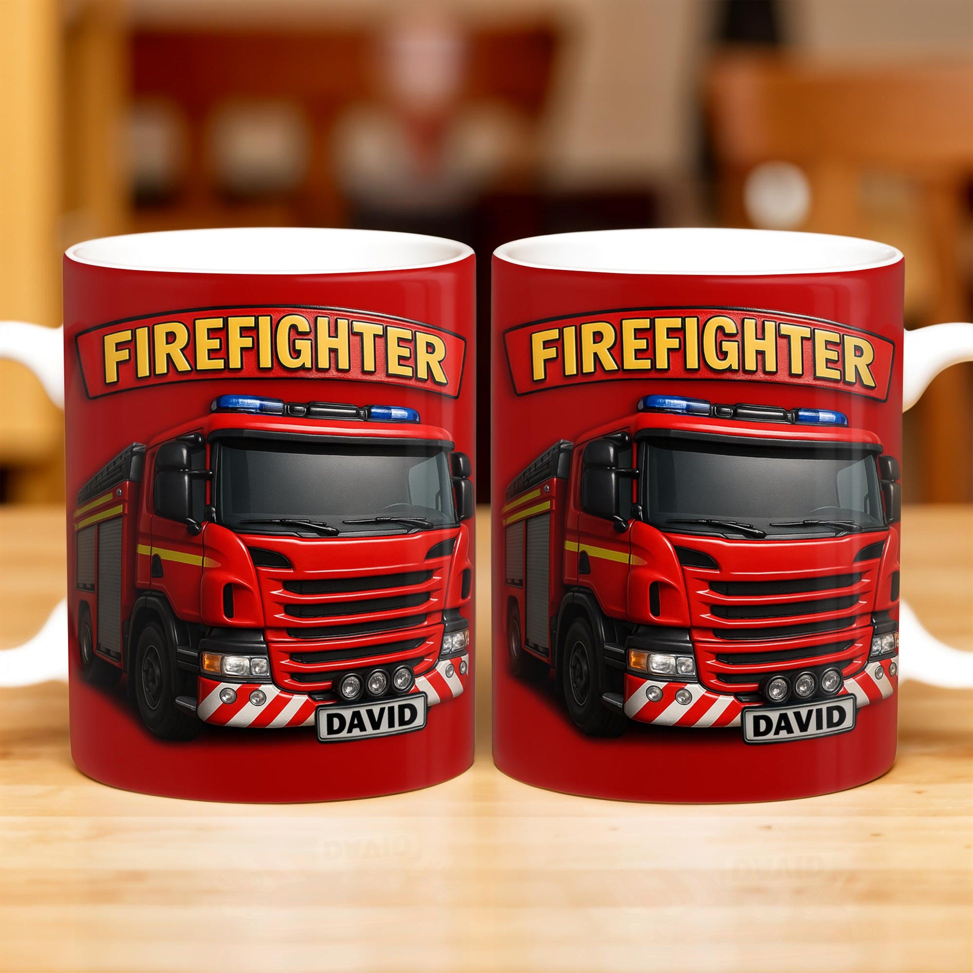 Firefighter Red Coffee Mug Featuring Personalized Fire Truck Design