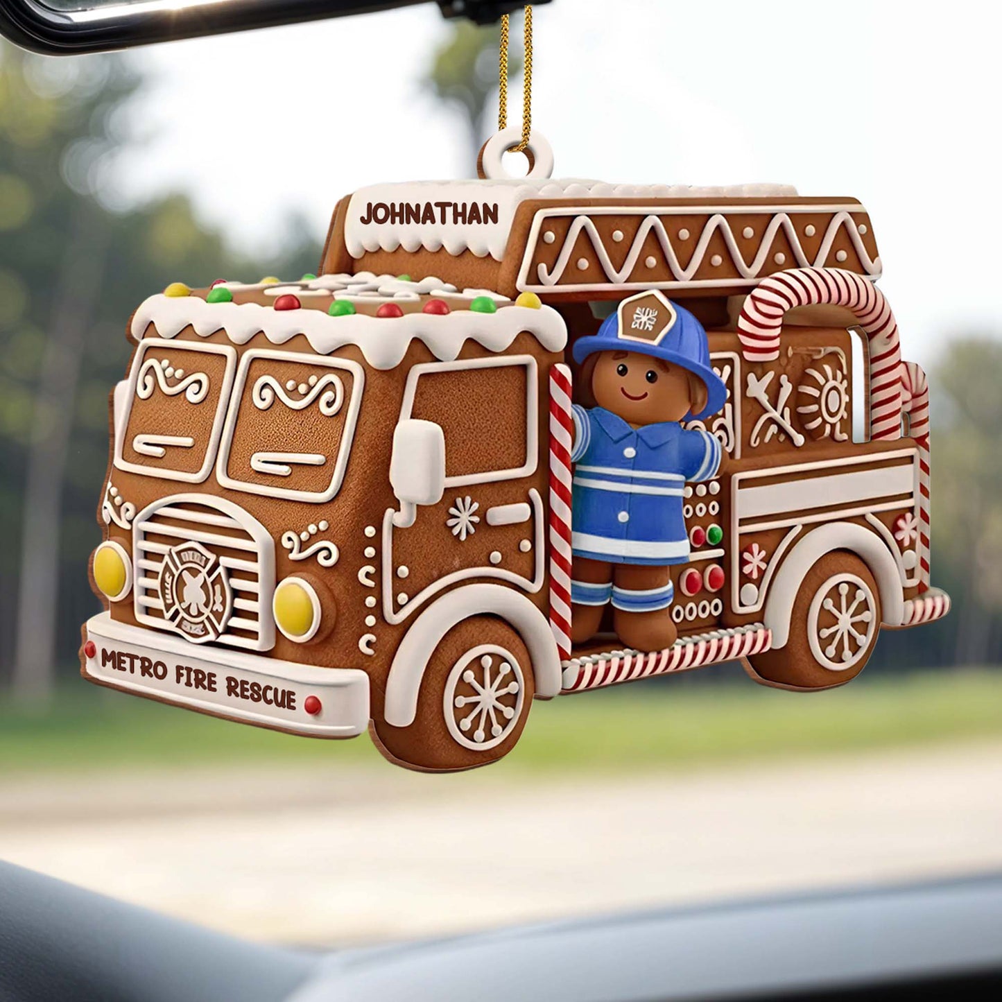 Festive Fire Truck Ornament With Firefighter