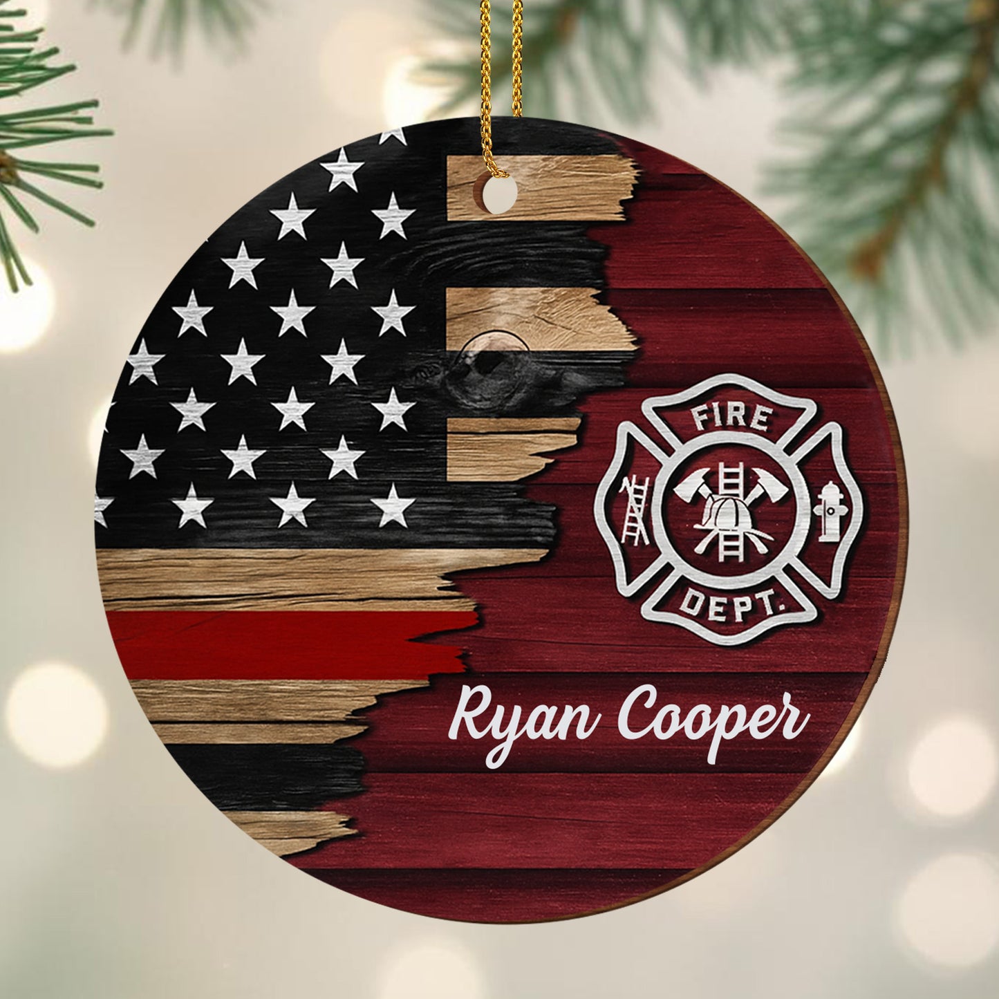 Fire Dept. Custom Wood Ornament Featuring American Flag And Emblem