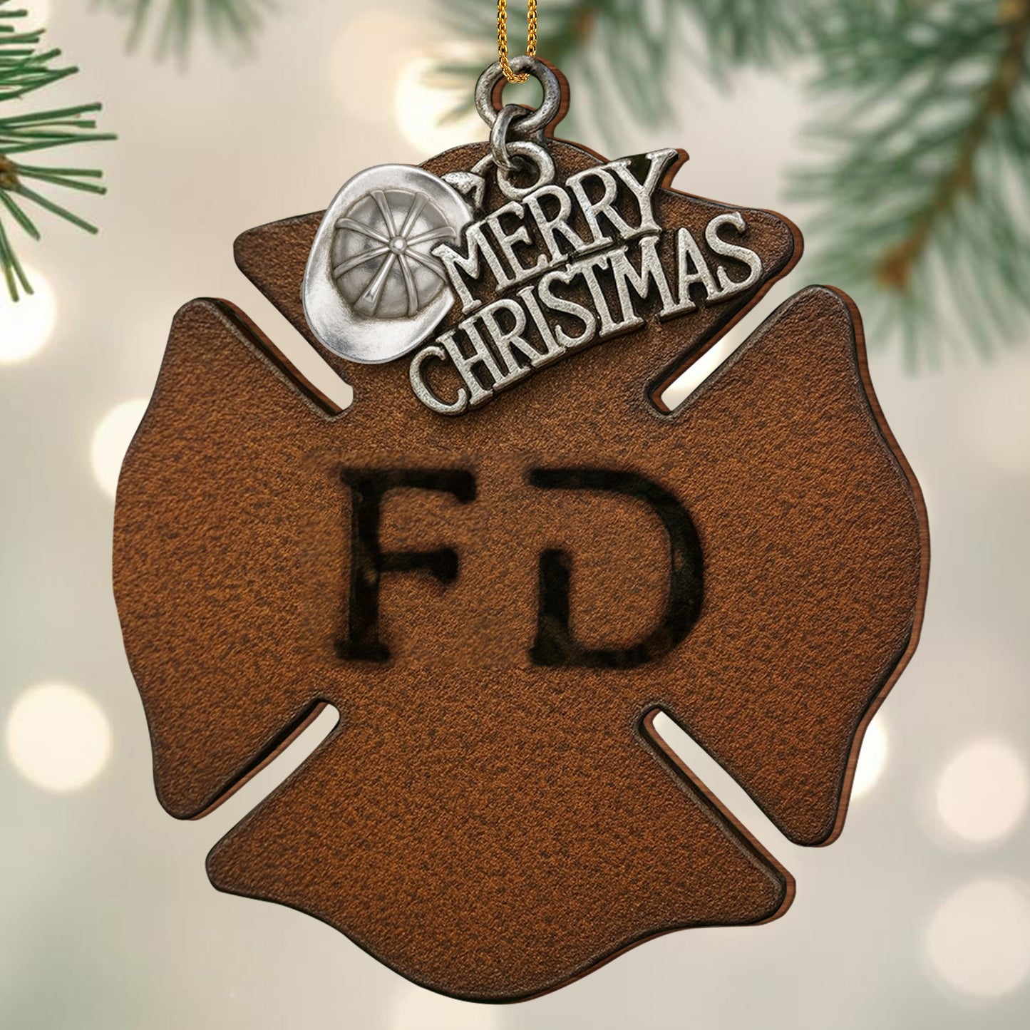 Merry Christmas Firefighter Helmet and Badge Ornament