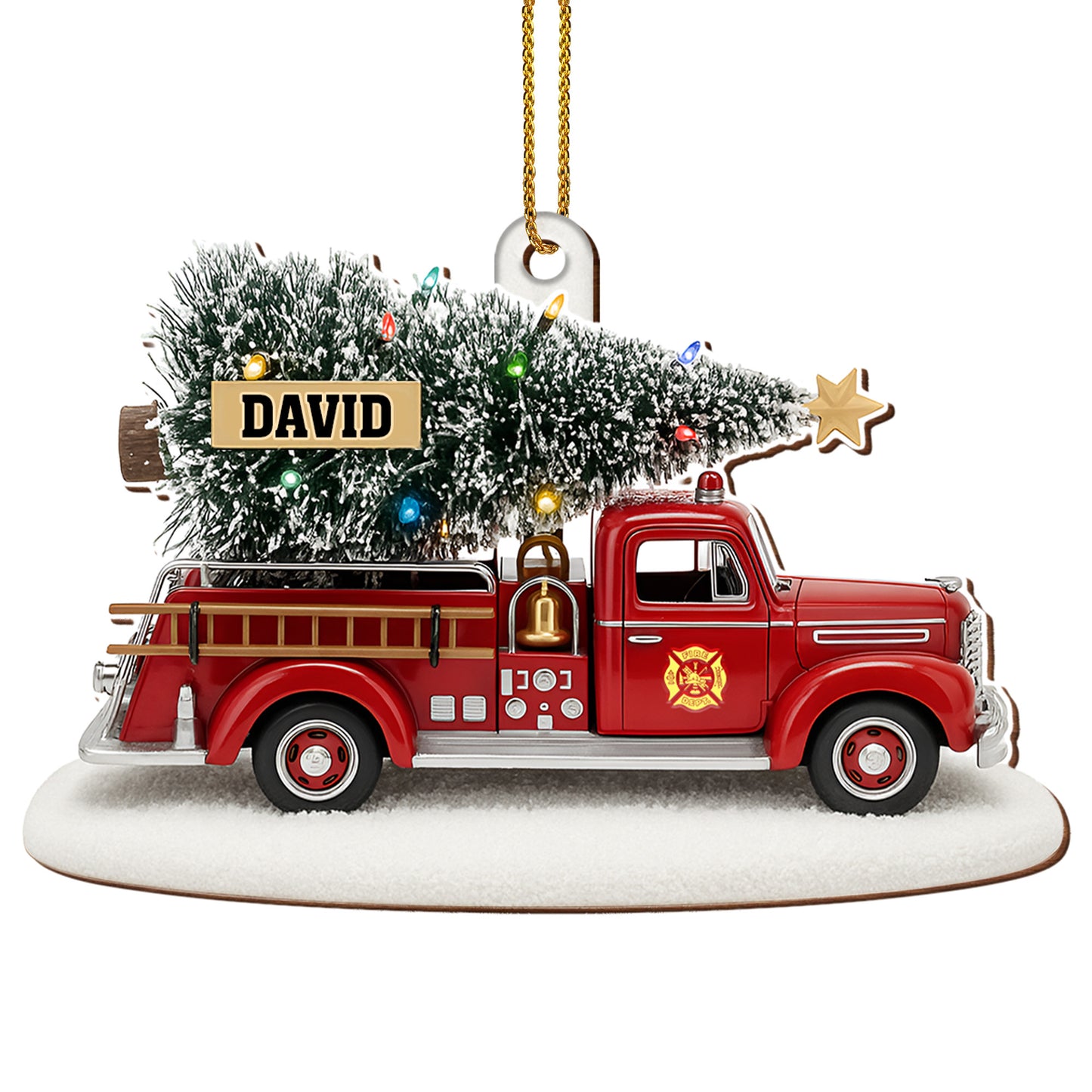 Festive Fire Truck With Christmas Tree Wood Ornament