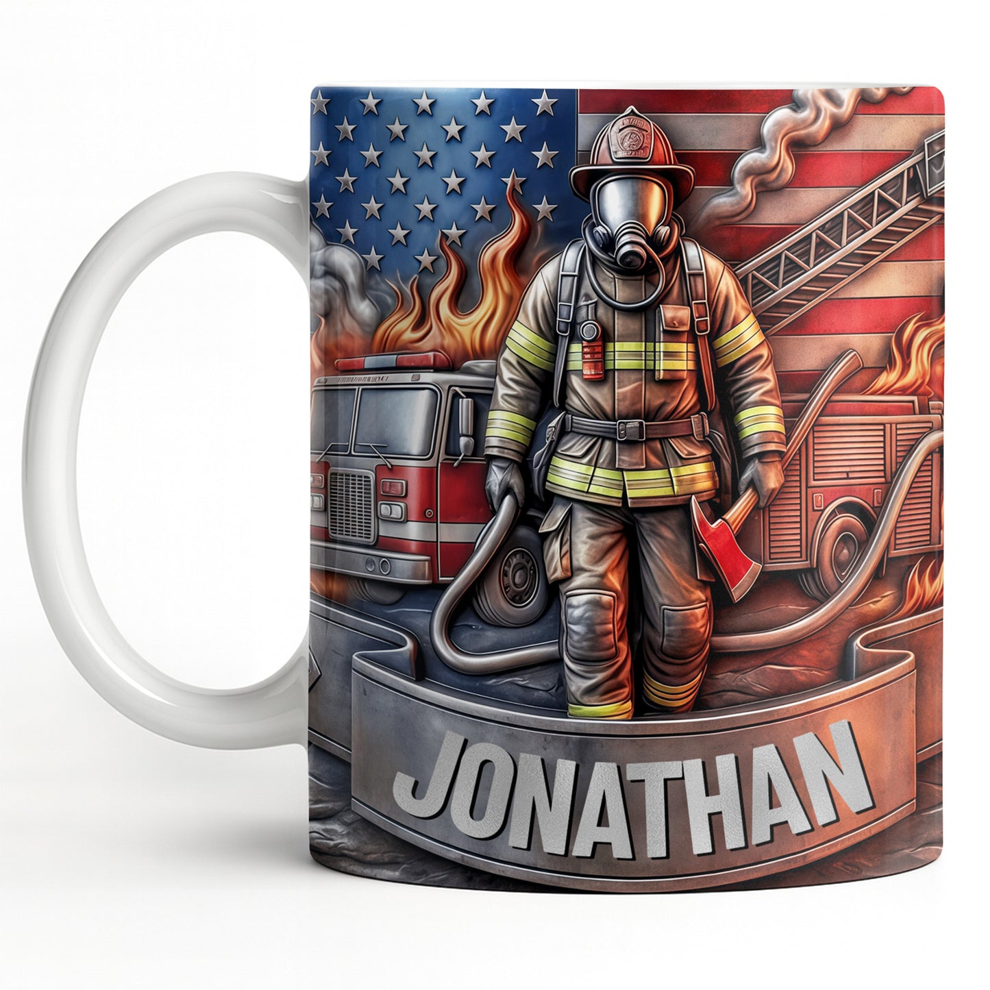 Customizable Firefighter With Fire Truck and American Flag