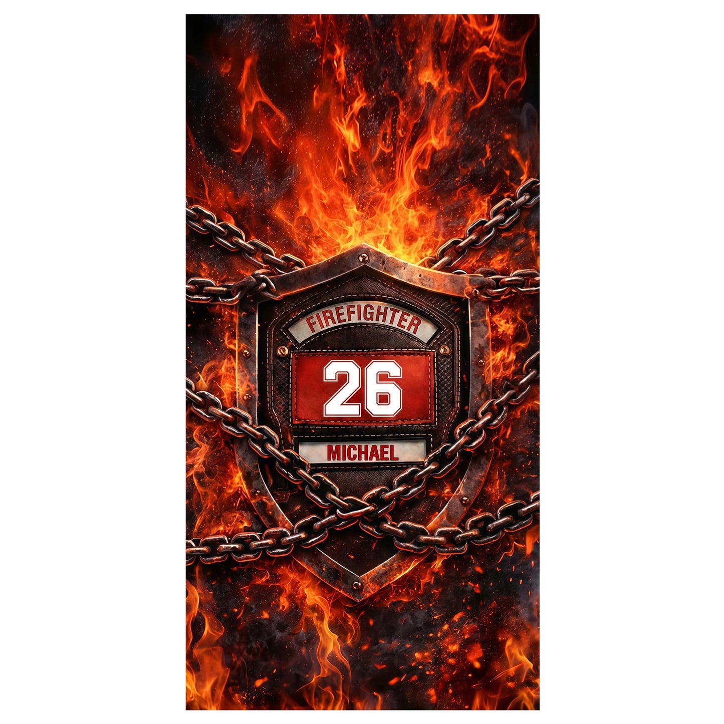 Firefighter Shield With Flames And Metal Chains Design