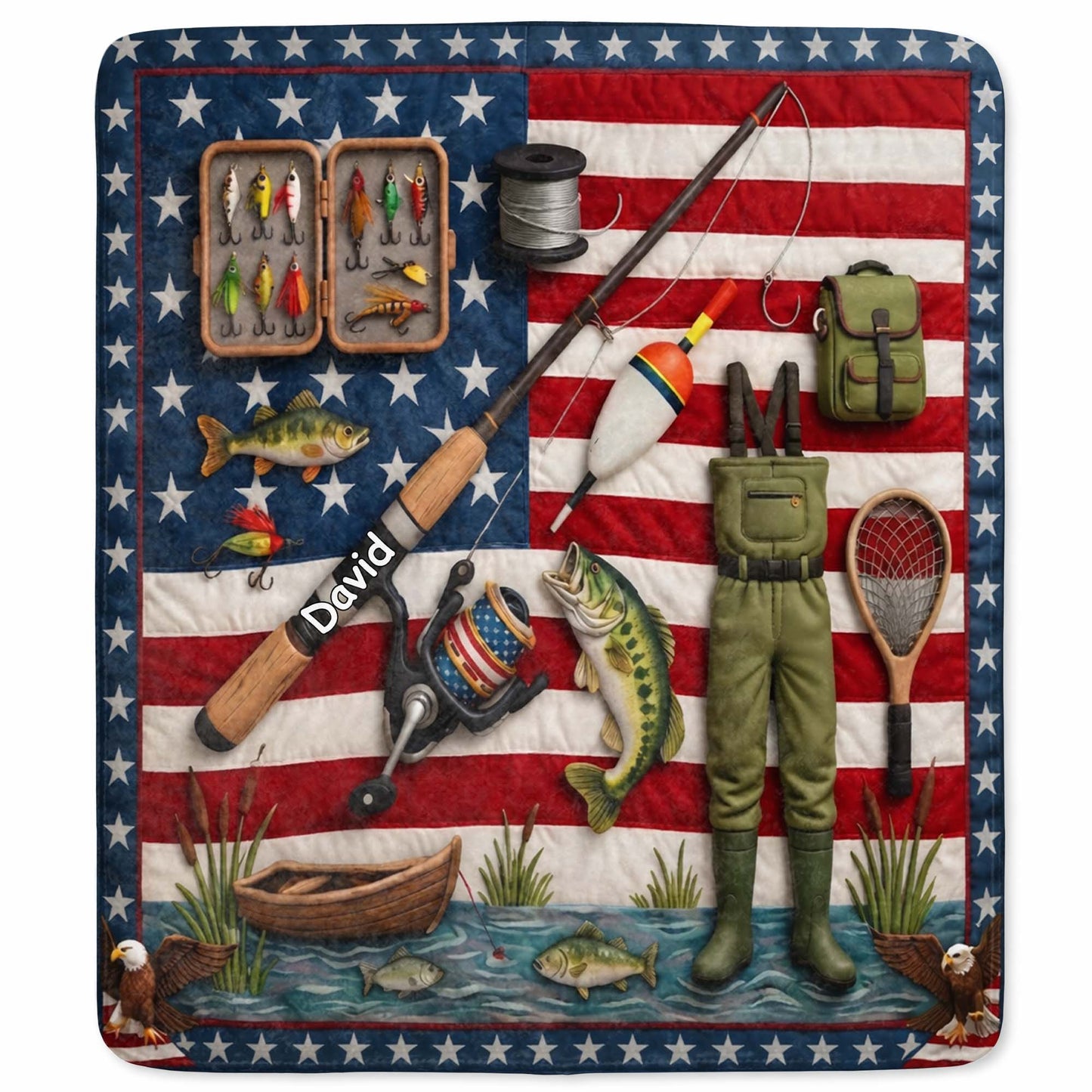 A True American Fisherman Hooked On Freedom With Fishing Gear - Personalized Custom Blanket - FISH038_BLK