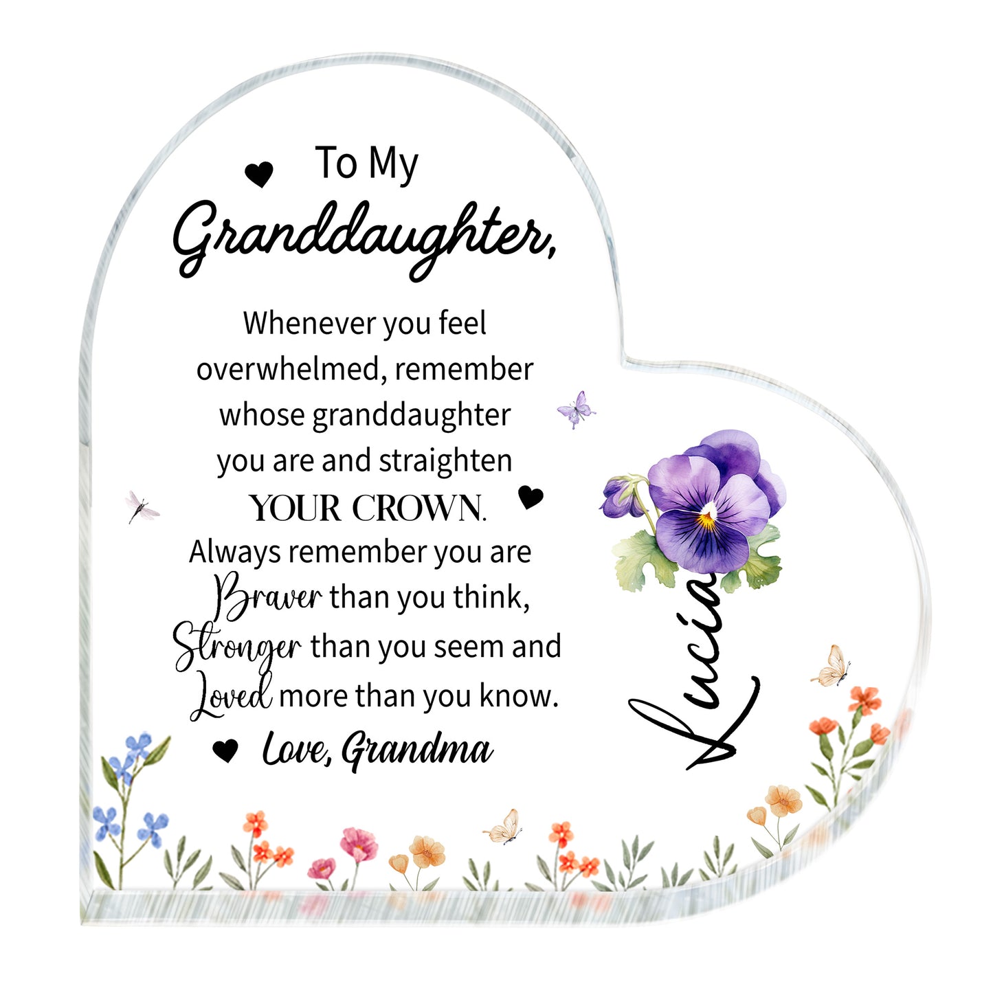 Granddaughter Crown And Flowers Heartfelt Message - Personalized Heart Shaped Acrylic Plaque - FM032_HAP