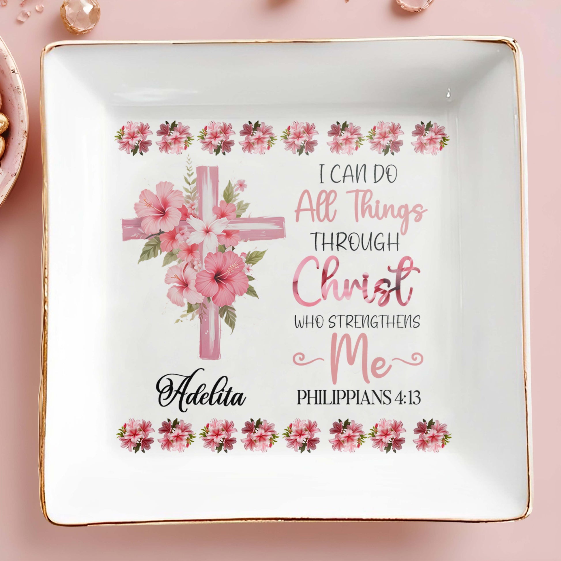 I Can Do All Things Through Christ Floral Cross Dish
