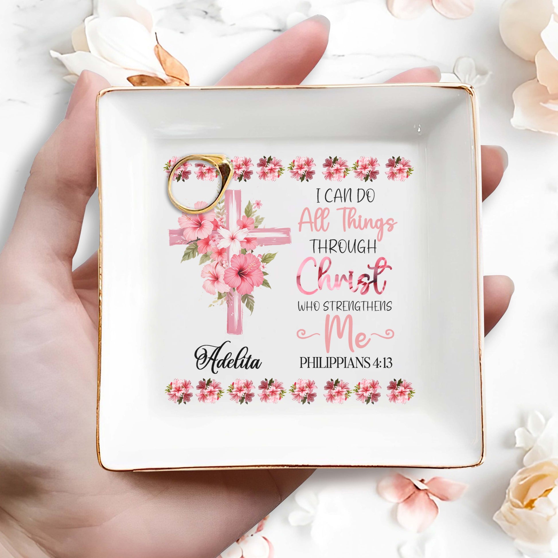 I Can Do All Things Through Christ Floral Cross Dish