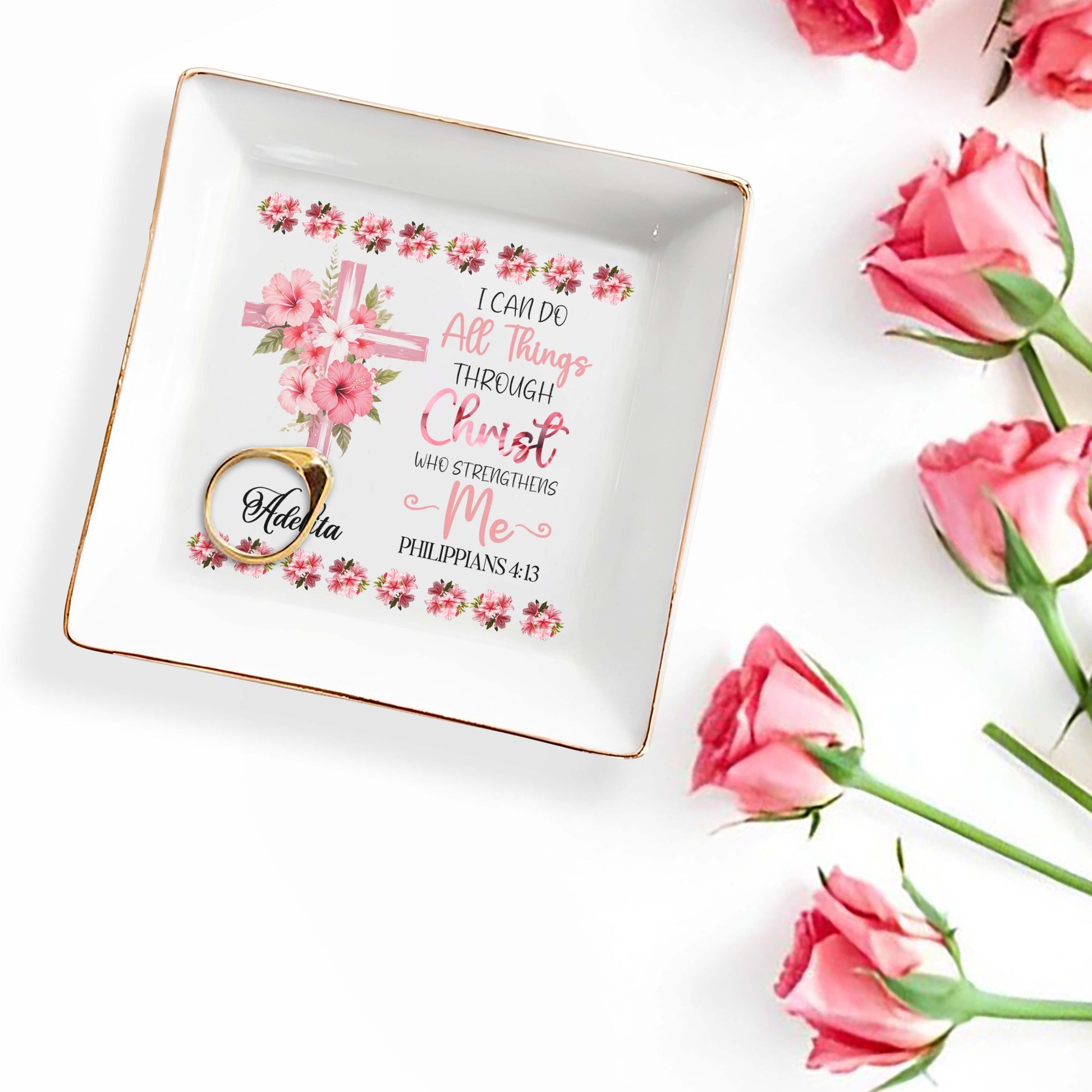 I Can Do All Things Through Christ Floral Cross Dish