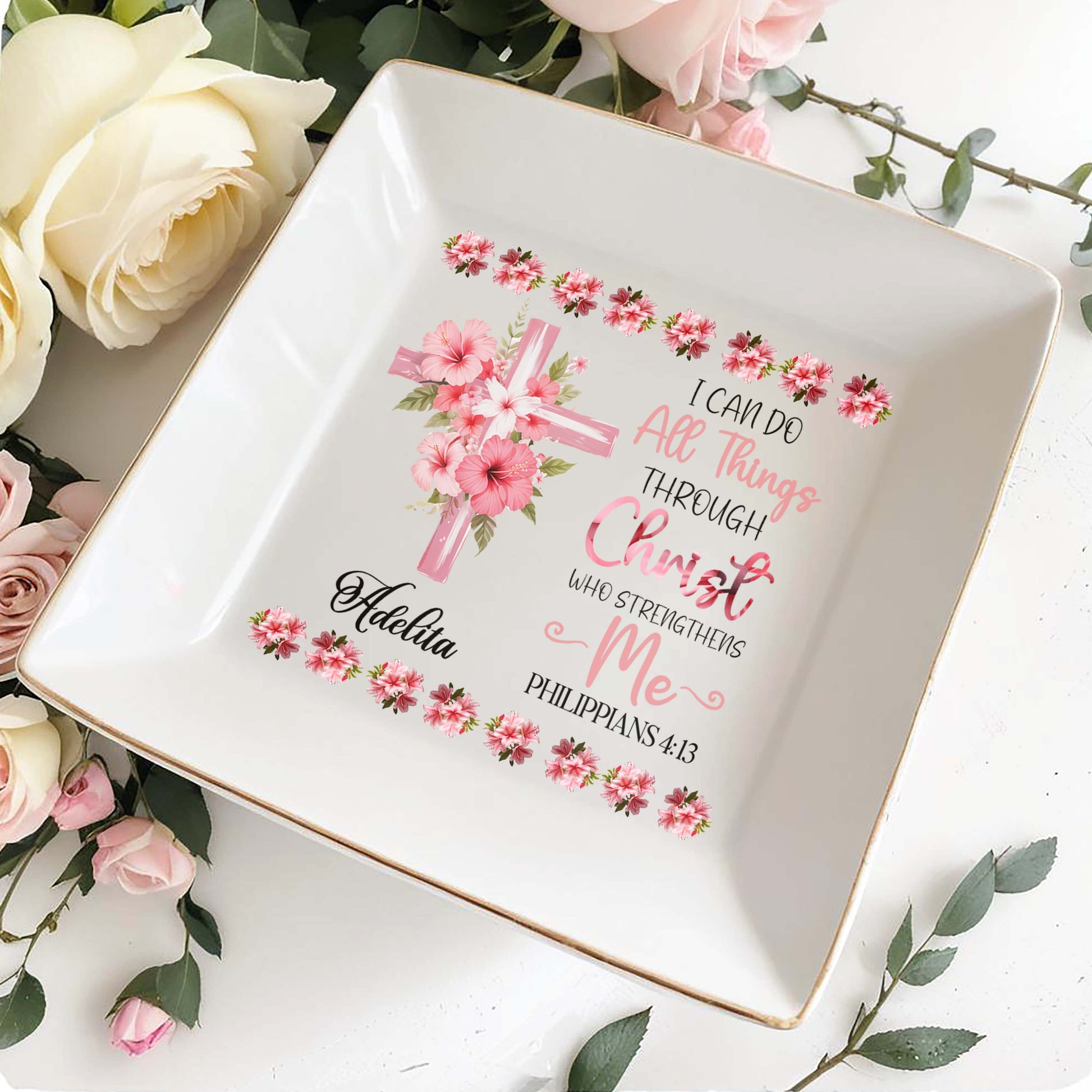 I Can Do All Things Through Christ Floral Cross Dish