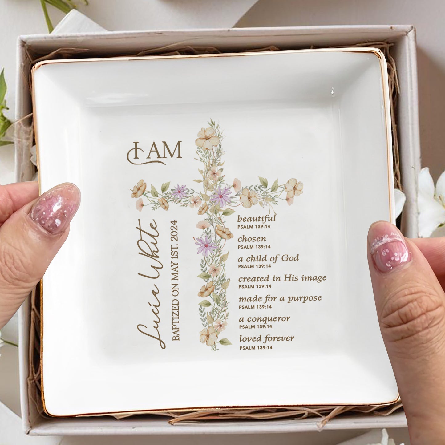 Beautiful Child Of God, Floral Cross Jewelry Dish