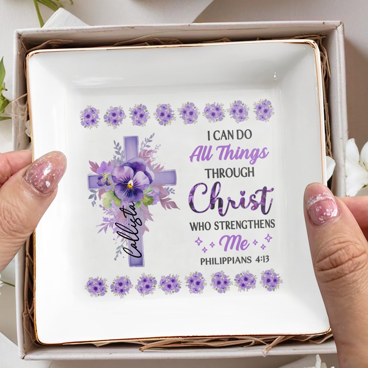 I Can Do All Things Through Christ Floral Cross Jewelry Dish