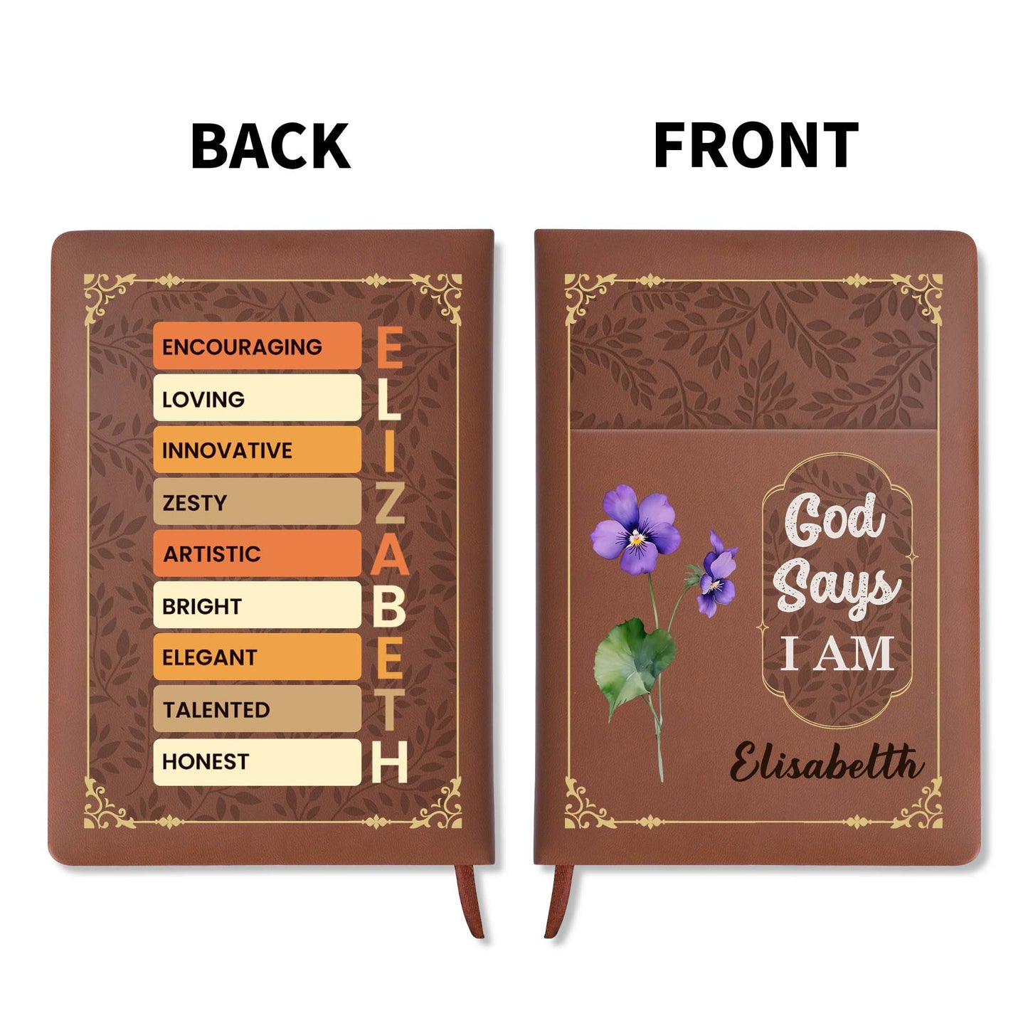 God Says I Am With Beautiful Flower Design - Personalized Custom Leather Journal - FTH034_JRNL