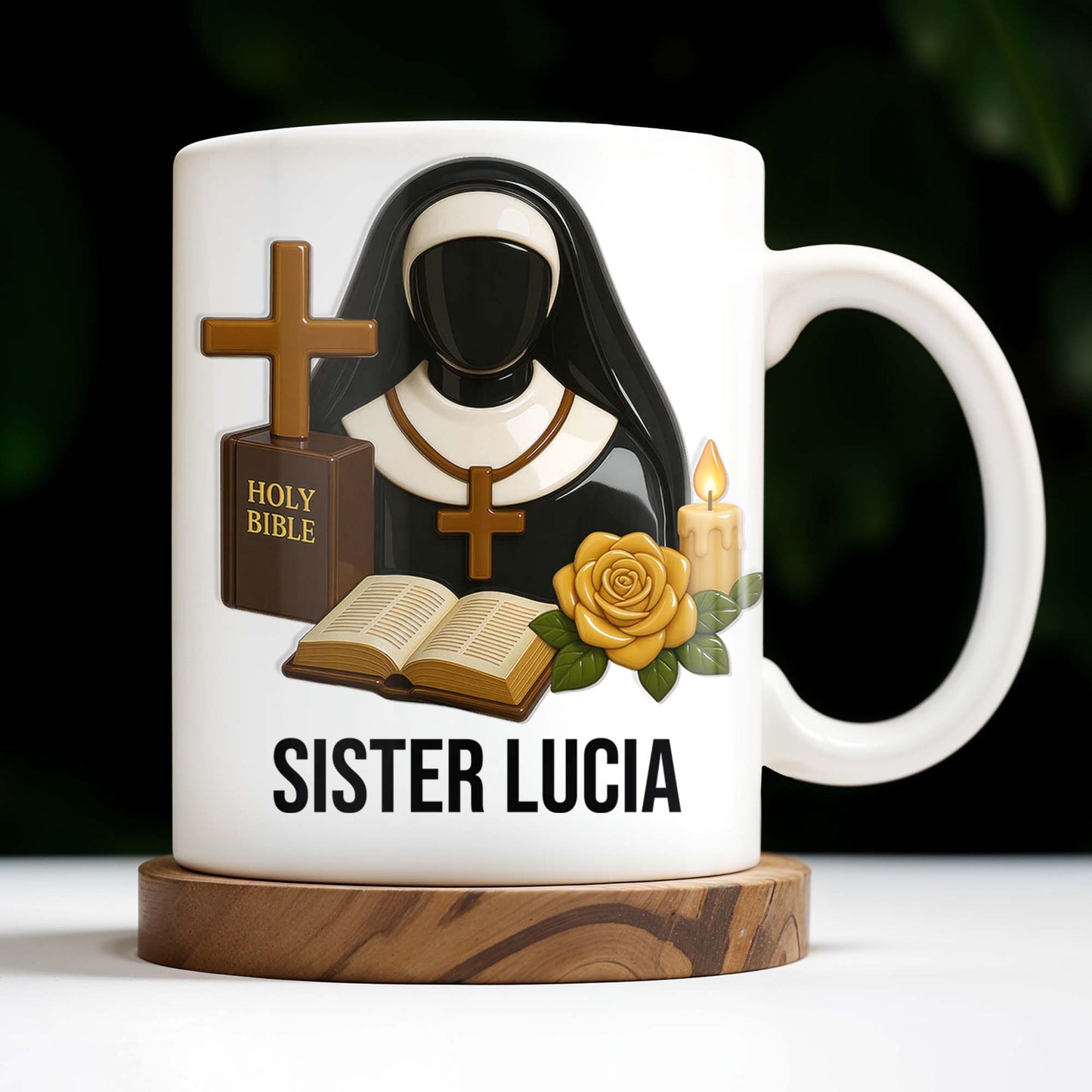 Customize Your Spiritual Coffee Mug With Icons Like Nun, Cross, And Rose
