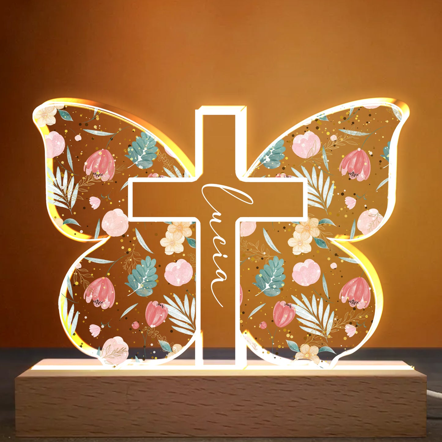 Diseño de cruz con elementos florales y botánicos - Luz nocturna LED personalizada con base de madera - FTH058_LEWO