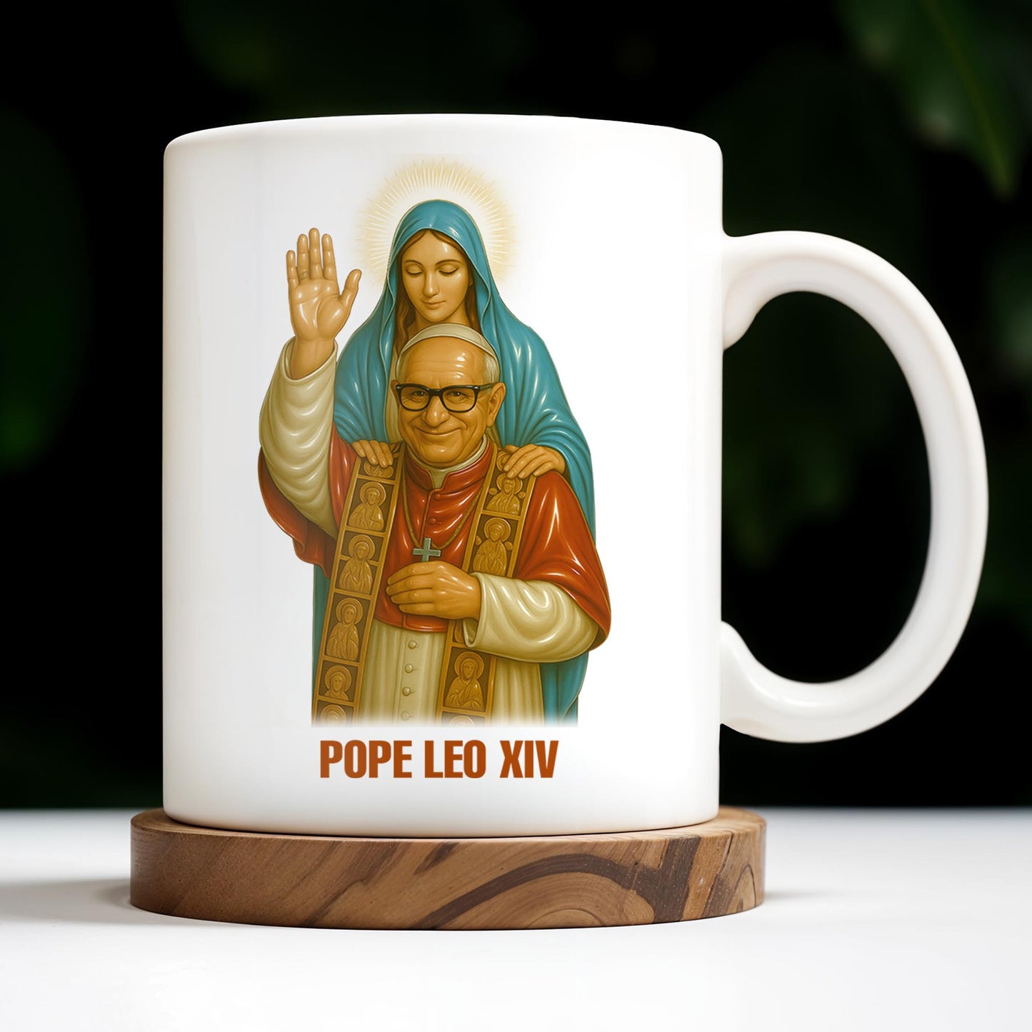 Pope Leo XIV Coffee Mug Featuring Pope and Virgin Mary