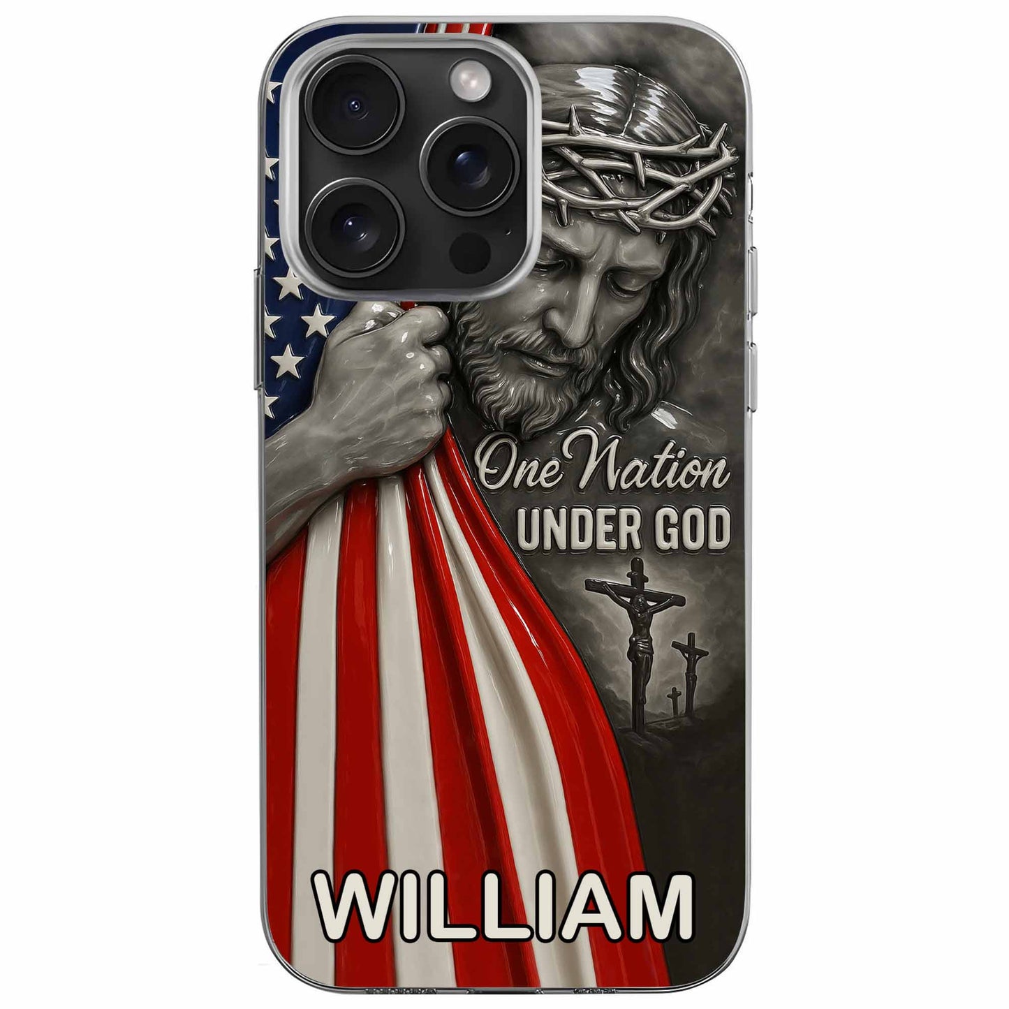 Una nación bajo Dios con Jesús y la bandera estadounidense - Funda transparente personalizada para teléfono - FTH088_PHC