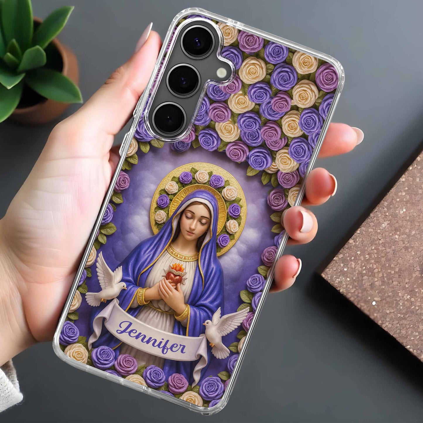 Devotional Virgin Mary With Flowers And Doves Design