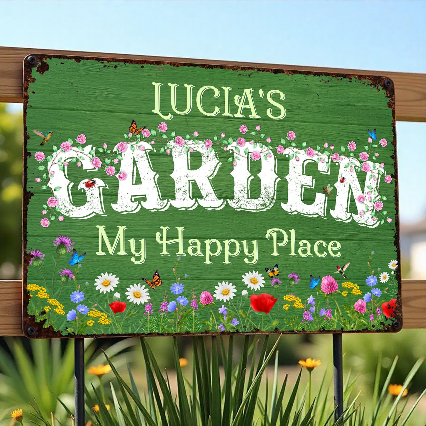 My Happy Place Garden Sign with Flowers and Butterflies