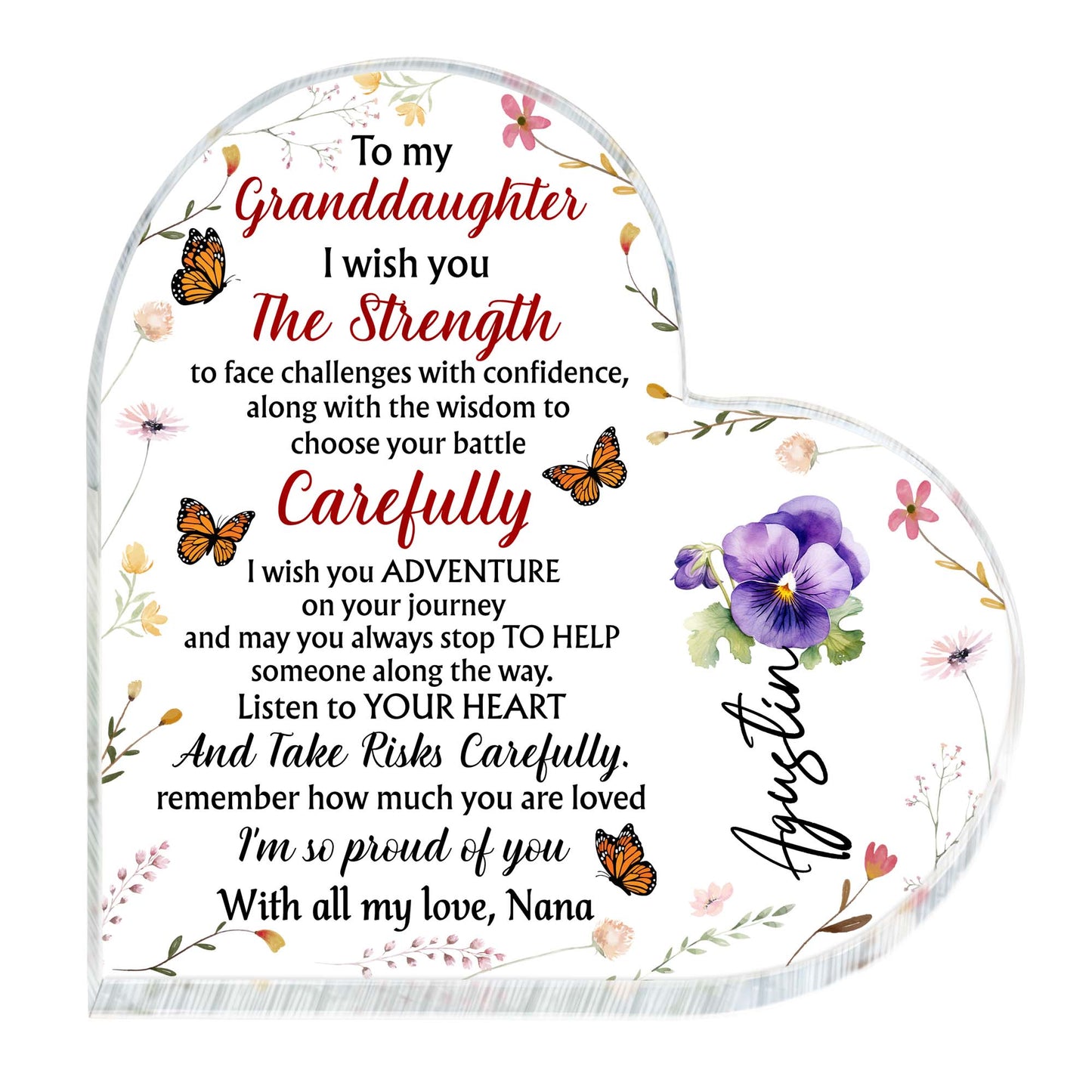 Granddaughter Strength And Adventure Heartfelt Message With Butterflies And Flowers - Personalized Heart Shaped Acrylic Plaque - GDT060_HAP
