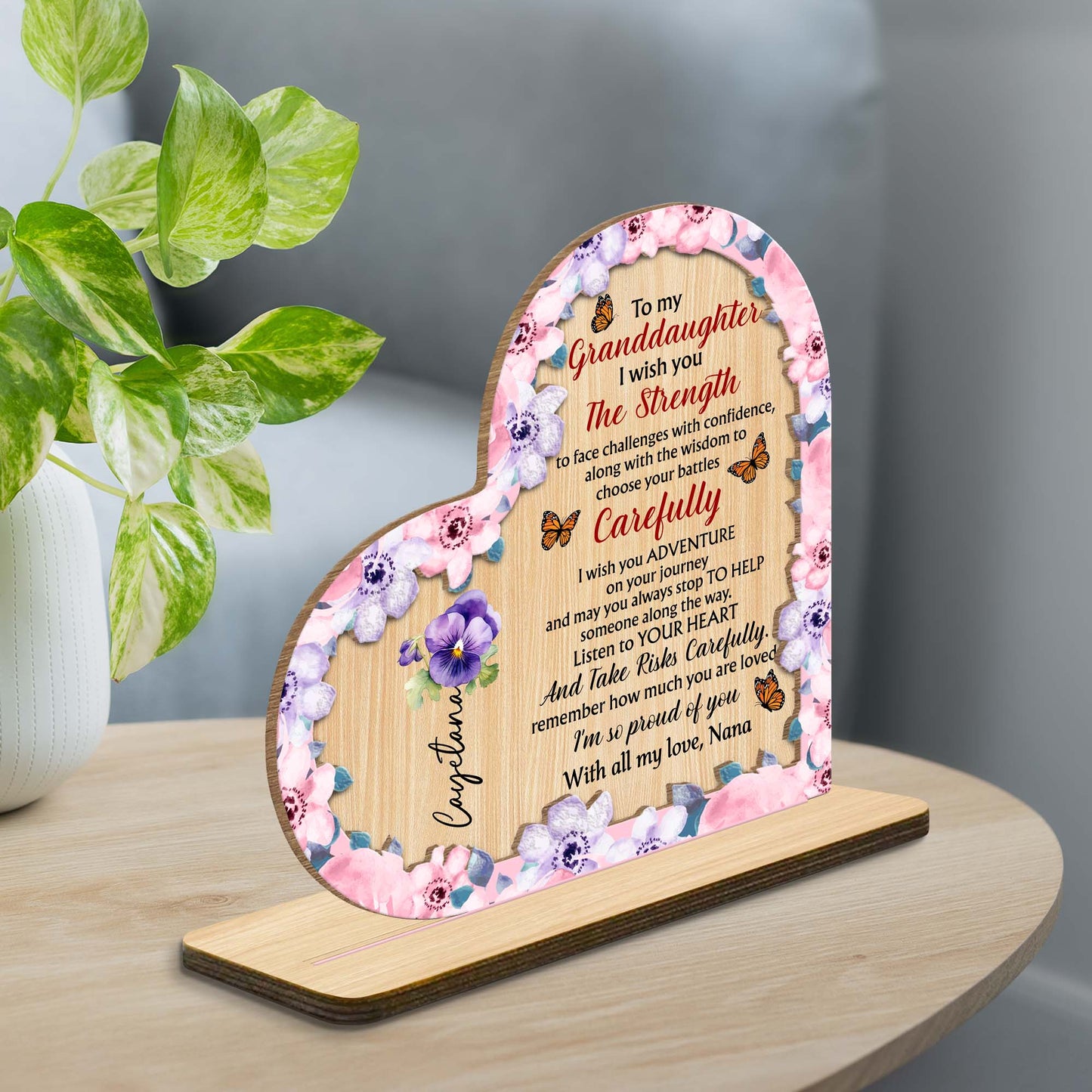 Granddaughter Strength And Adventure Wooden Plaque With Flowers - Personalized Custom 2-Layer Wood Plaque With Flat Base - GDT060_WPLA