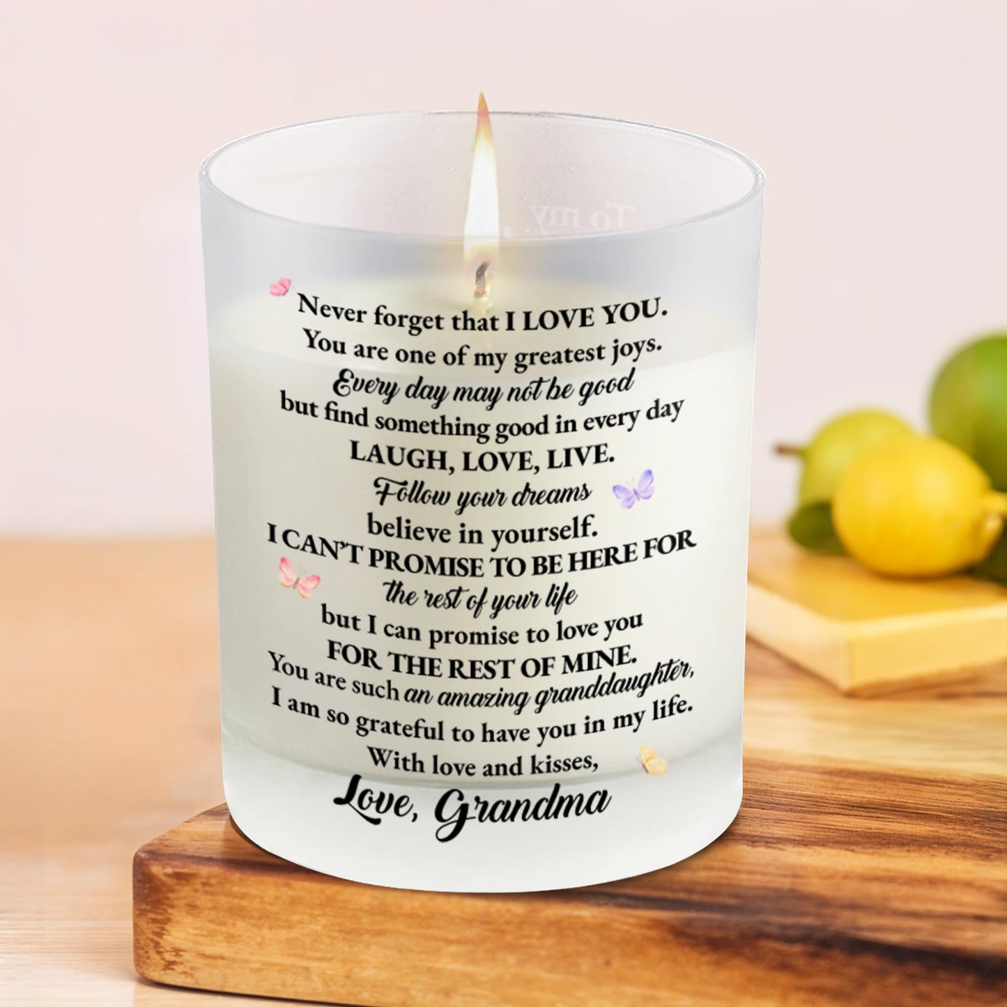 Para mi nieta, amor, alegría, cree en ti misma, diseño floral - Vela perfumada personalizada con tapa de madera - GDT123_SECA
