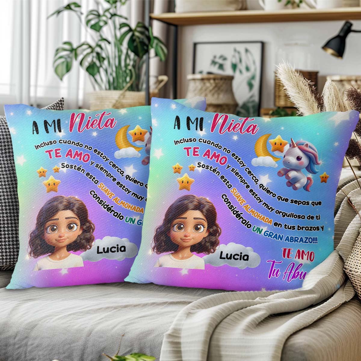 Granddaughter Big Hug Pillow Featuring Cartoon Girl and Unicorn