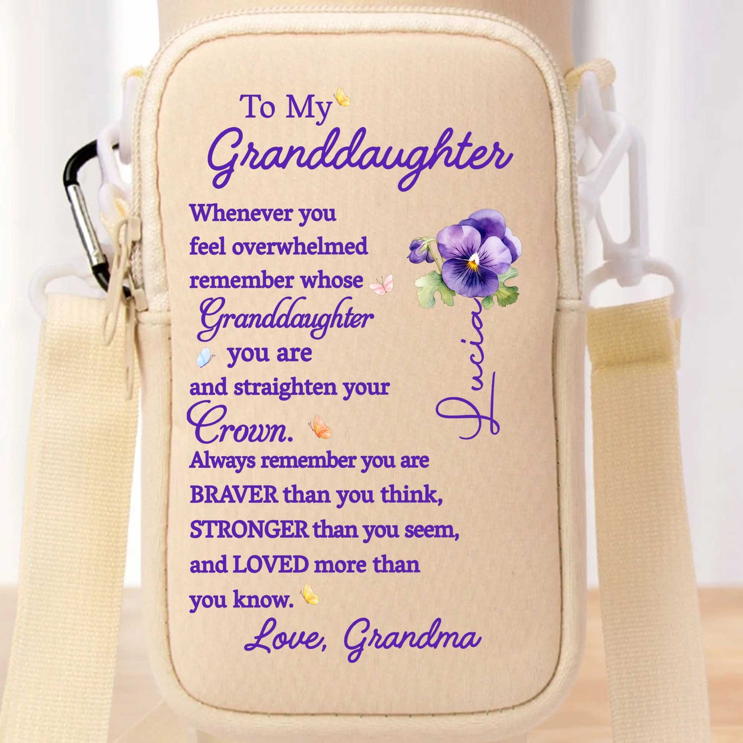To My Granddaughter, Straighten Your Crown, Remember You Are Braver - Personalized Custom Water Bottle Carrier Bag - GDT223_BCB