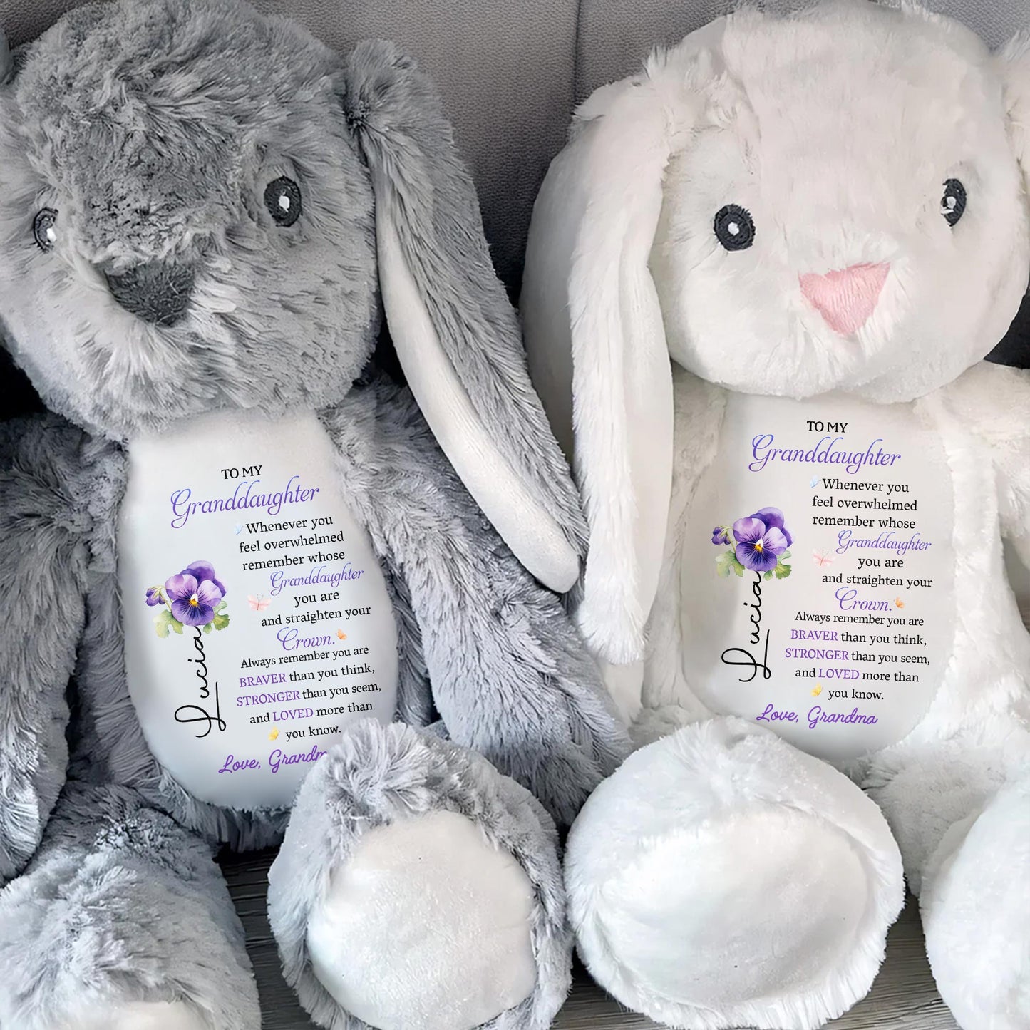 To My Granddaughter, Whenever you feel overwhelmed remember whose Granddaughter you are, Stuffed Bunny and Flowers - Personalized Stuffed Bunny - GDT223_BUN