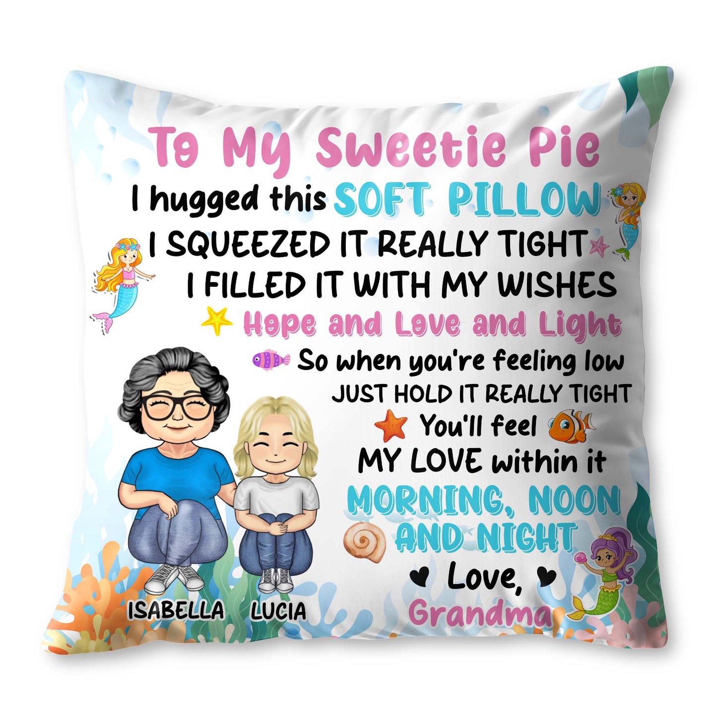 Grandmother And Granddaughter Love Pillow With Ocean Elements