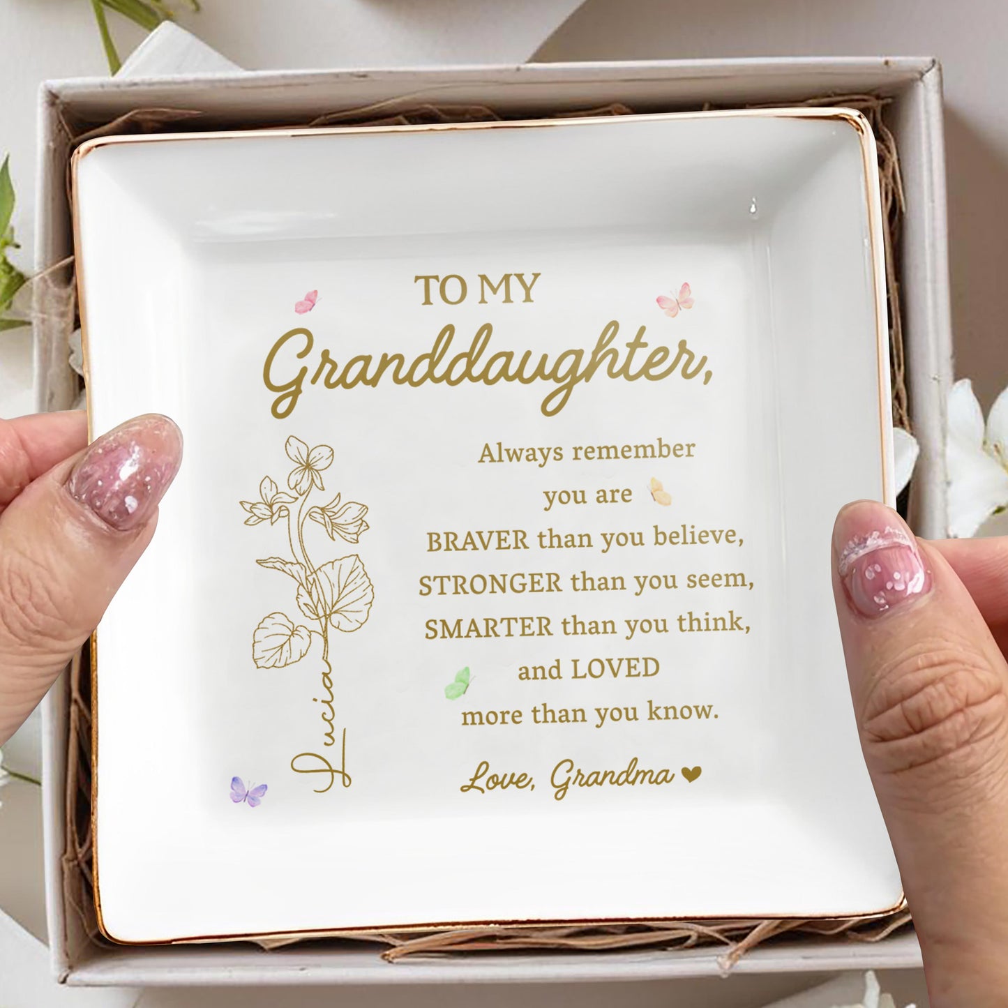 To My Granddaughter You Are Braver, Stronger, Smarter And Loved - Personalized Custom Jewelry Dish, Square Ceramic Dish - GDT238_SCRD