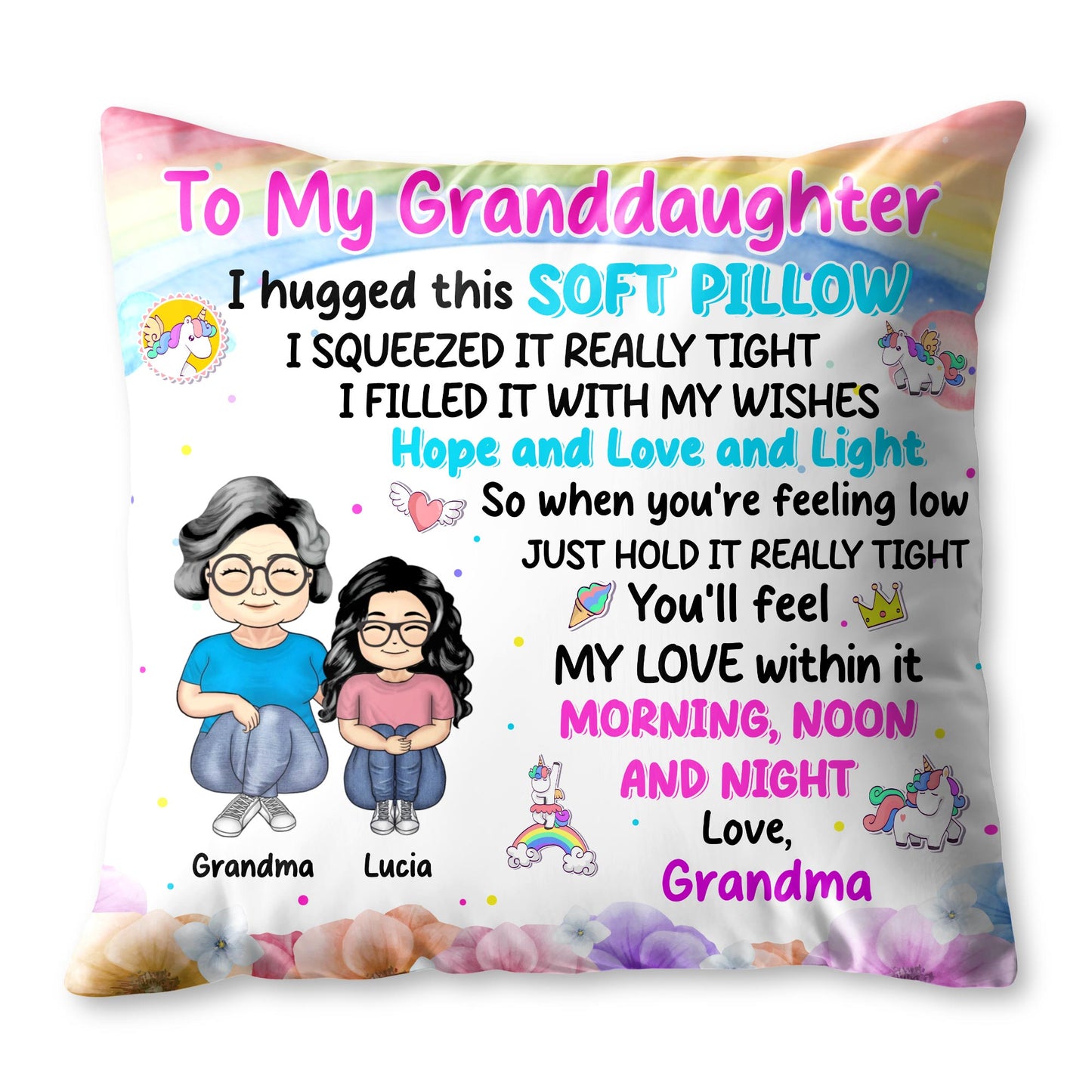 Love And Wishes Granddaughter Pillow With Flowers And Cartoon