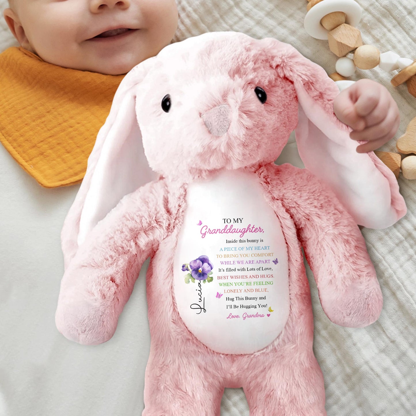TO MY Granddaughter, Hug This Bunny And I'll Be Hugging You, Bunny And Flowers