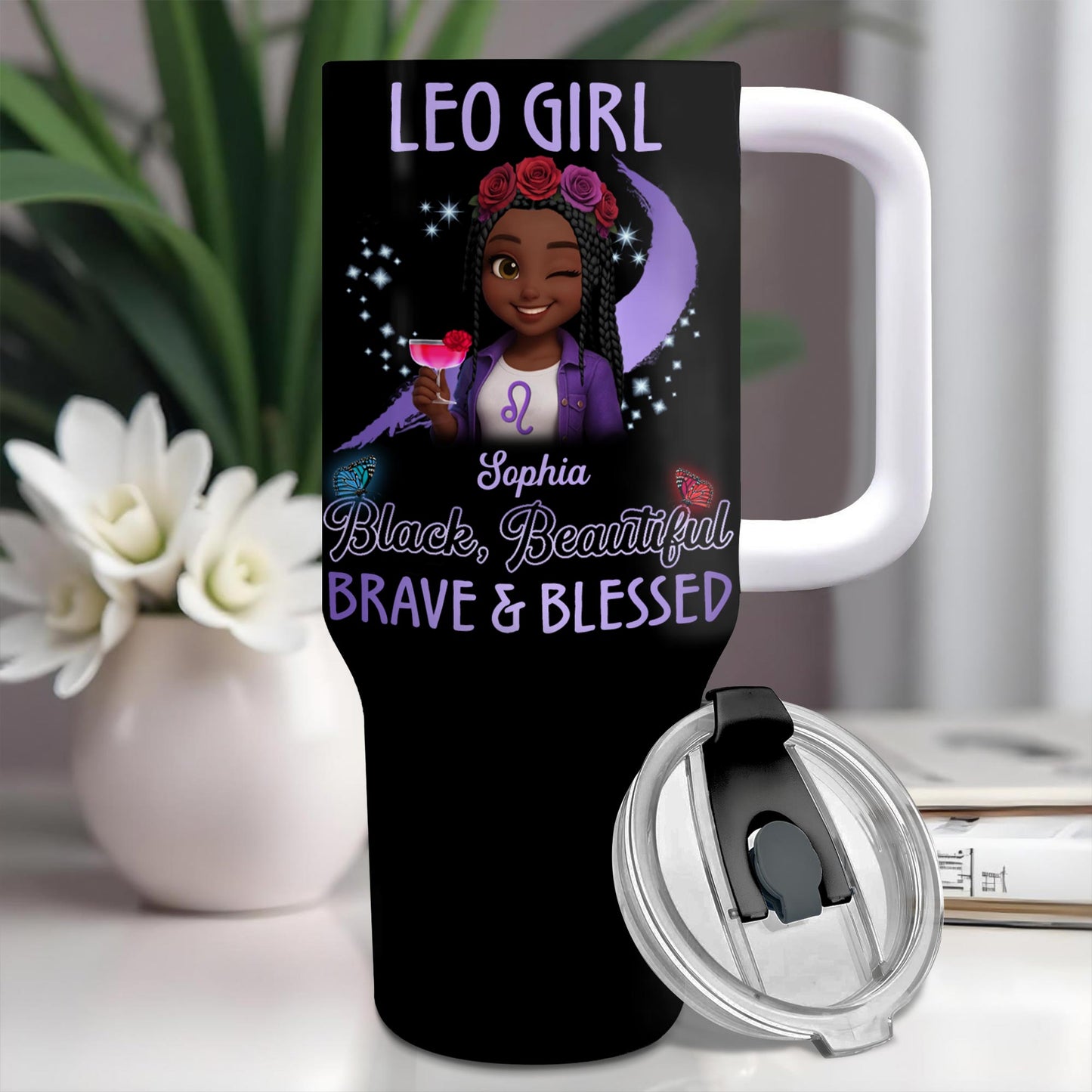 Leo Girl, Black, Beautiful, Brave & Blessed, Zodiac Sign and Flowers
