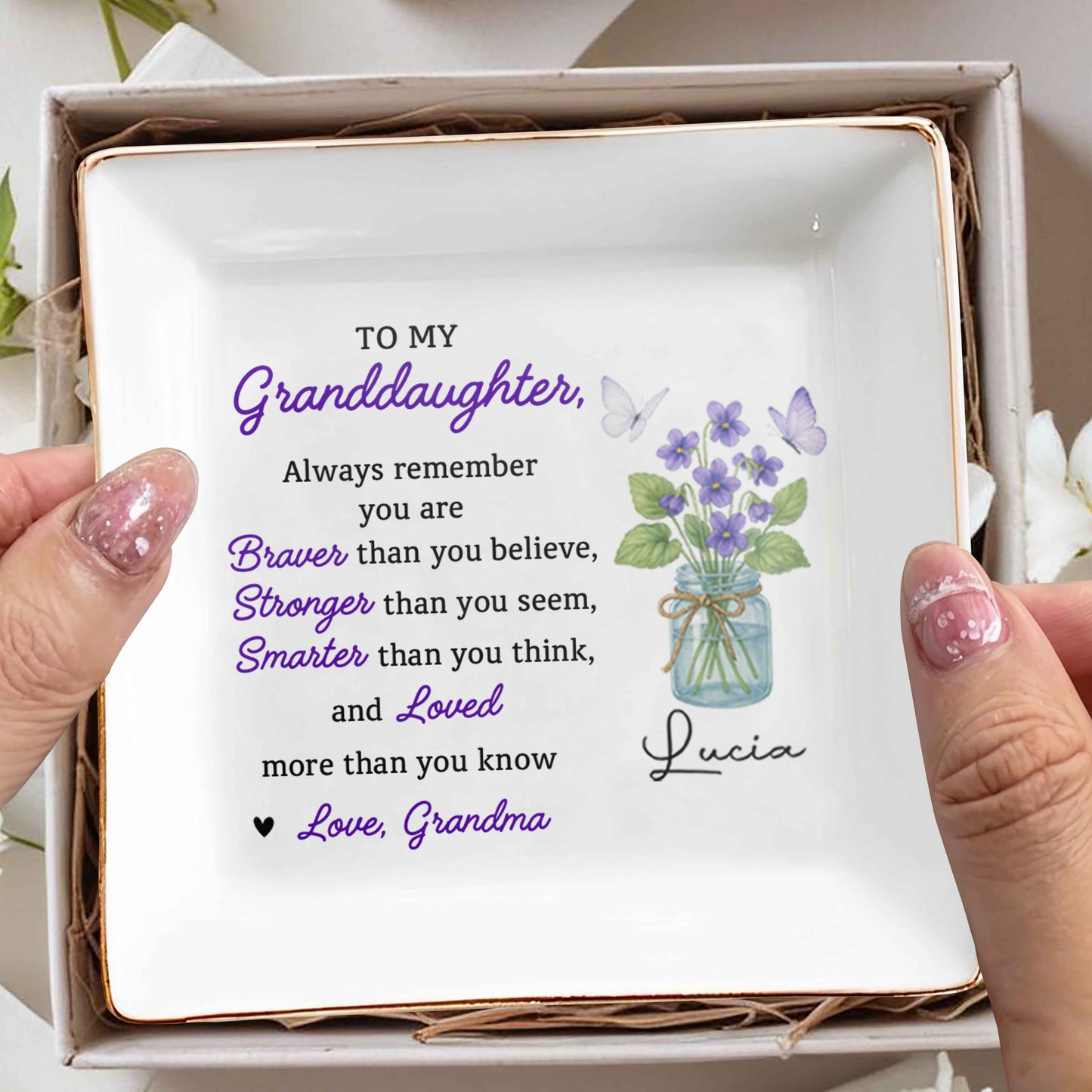 To My Granddaughter, Never Forget That I Love You, Flowers And Butterflies - Personalized Custom Jewelry Dish, Square Ceramic Dish - GDT305_SCRD