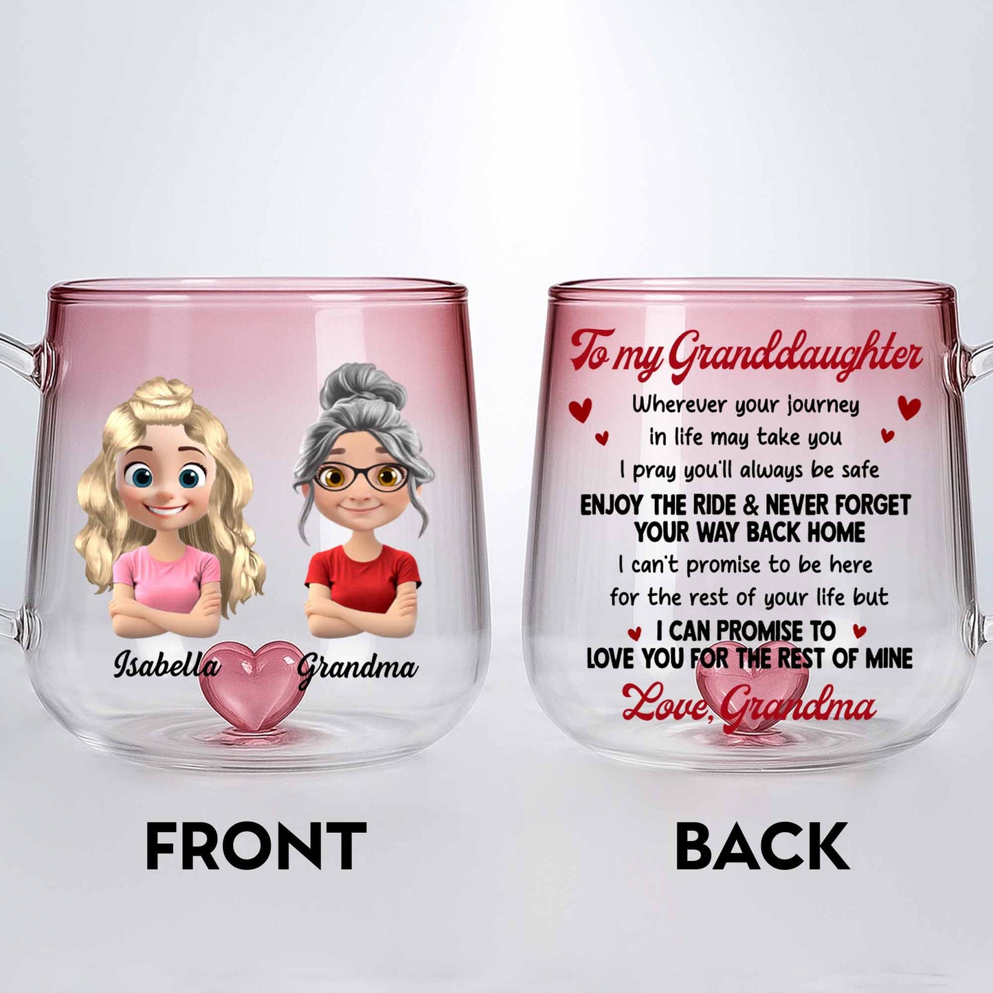 To My Granddaughter, Enjoy The Ride, Pink Glass Mug With Heart - Personalized Custom Pink Gradient Glass Mug - GDT348_PIMUG