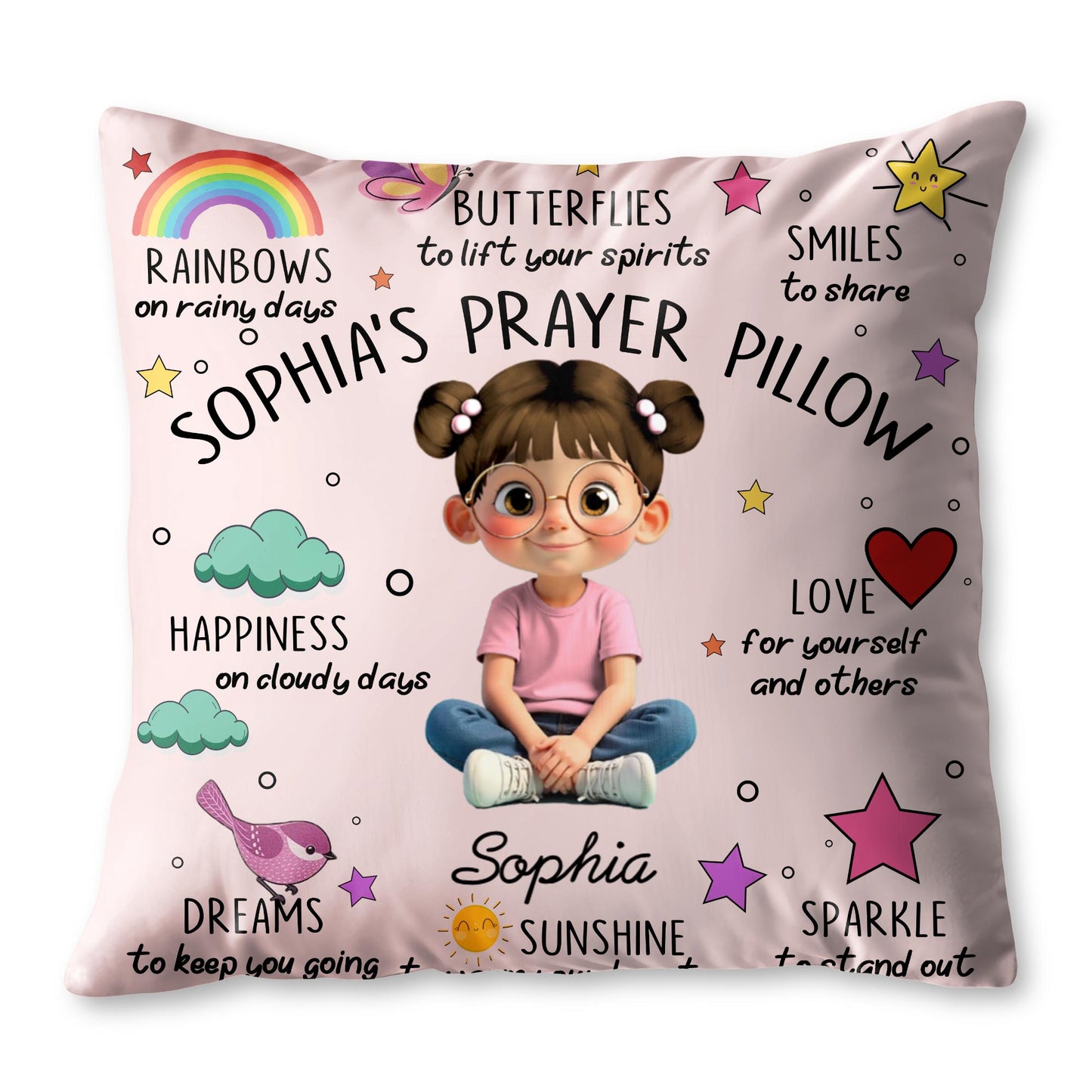 Rainbows, Butterflies and Smiles Prayer Pillow