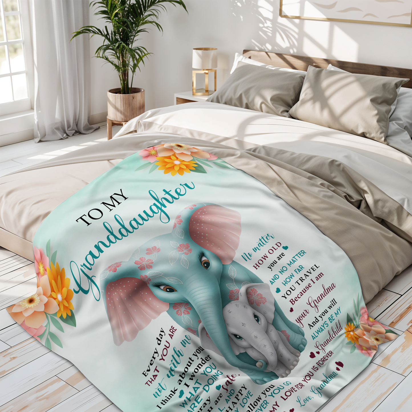 Para mi nieta, con cariño de la abuela, diseño de elefante y flores - Manta personalizada - GDT371_BLK