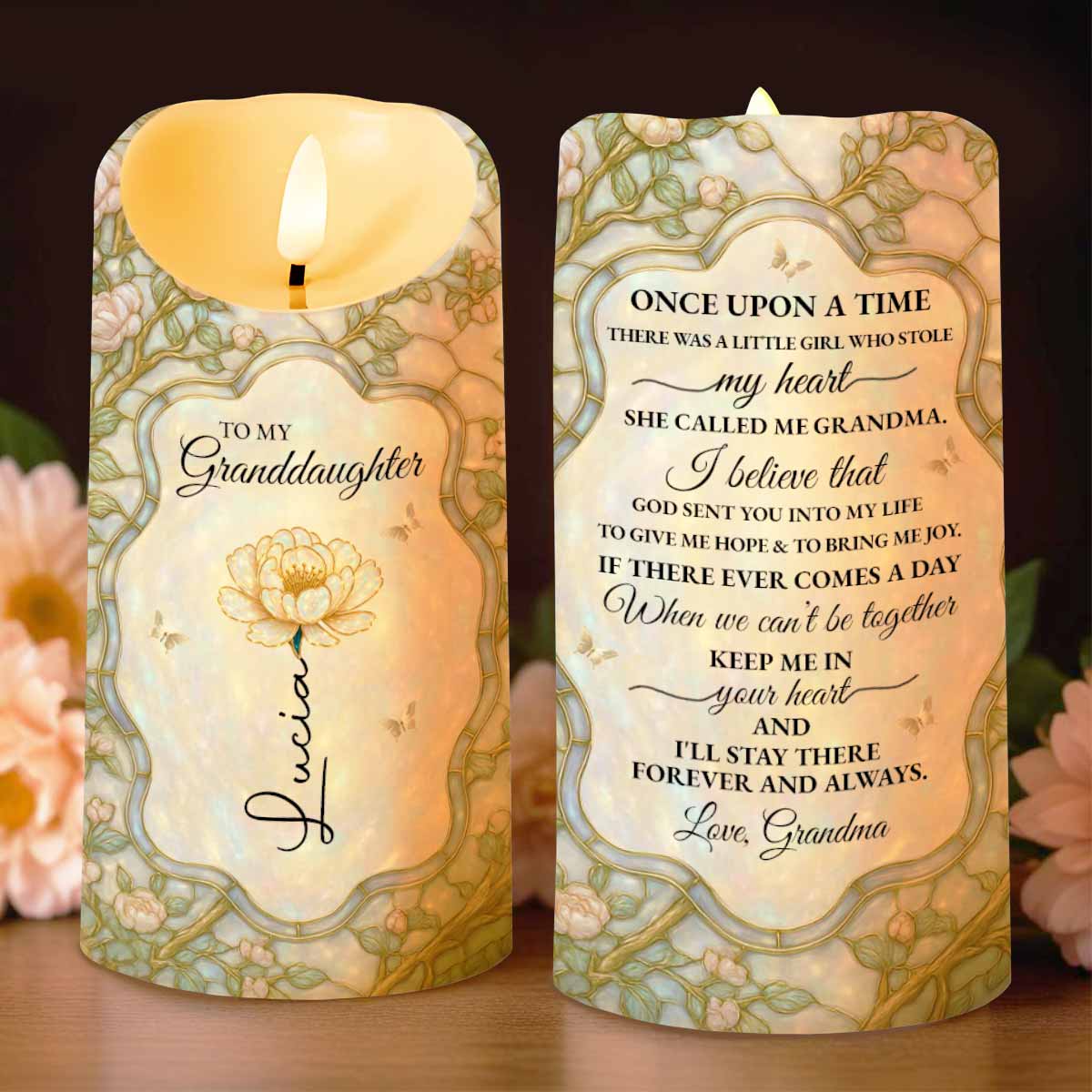 Wrappiness Custom Floral LED Candle - Different Flowers From The Same Garden - Personalized Friendship Gift For Sister, Bestie, BFF - LED Flameless Light Decor